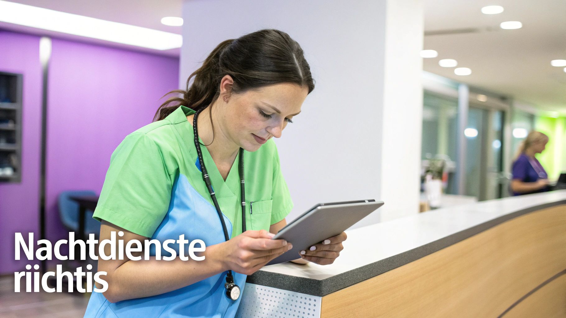 Eine Krankenschwester in Arbeitskleidung und mit Stethoskop liest auf einem Tablet an einer Rezeption in einer modernen Klinik.