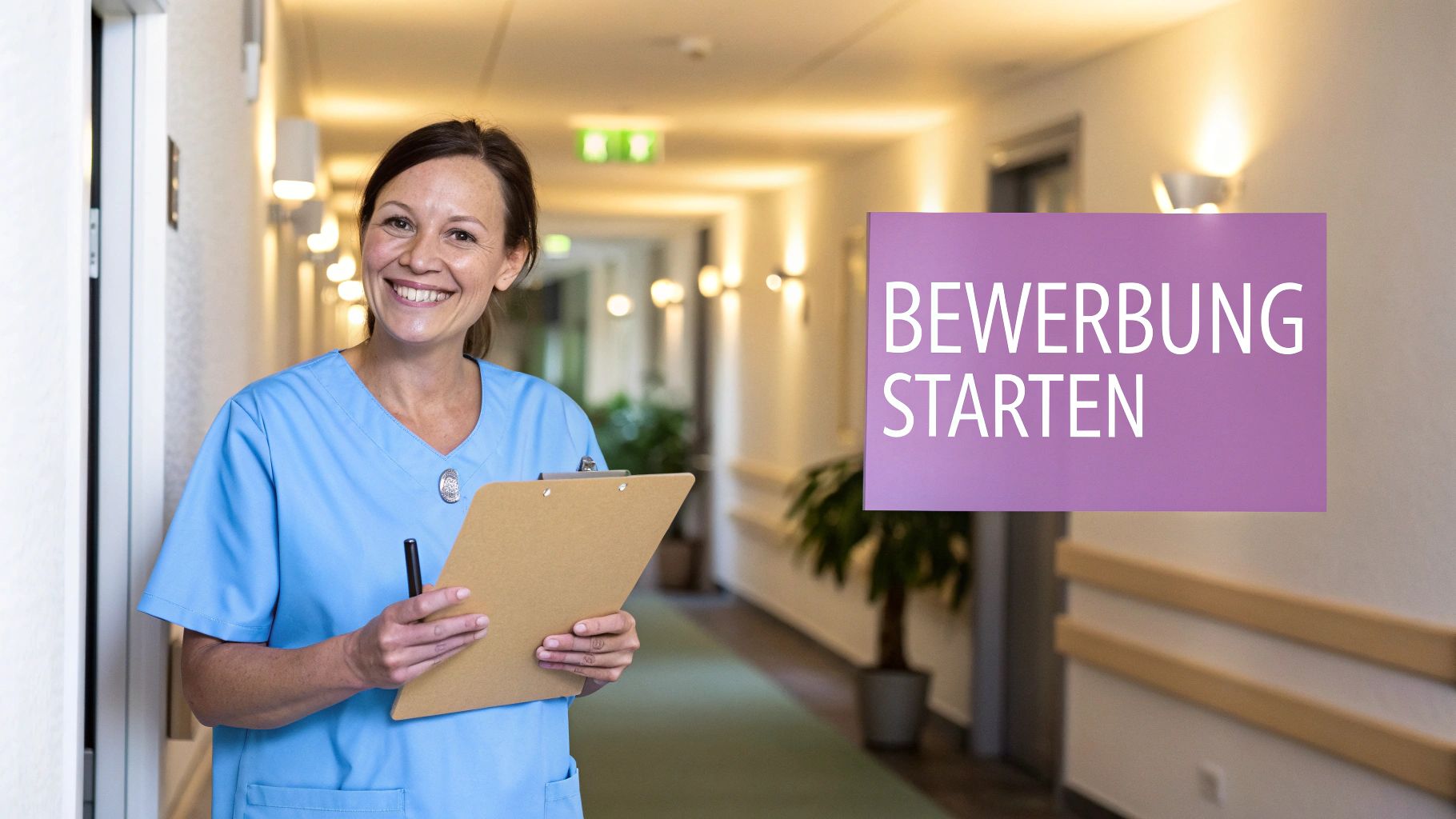 Lächelnde Pflegekraft in blauem Kasack hält Klemmbrett. Im Hintergrund ein beleuchteter Flur mit einem Banner: "BEWERBUNG STARTEN".