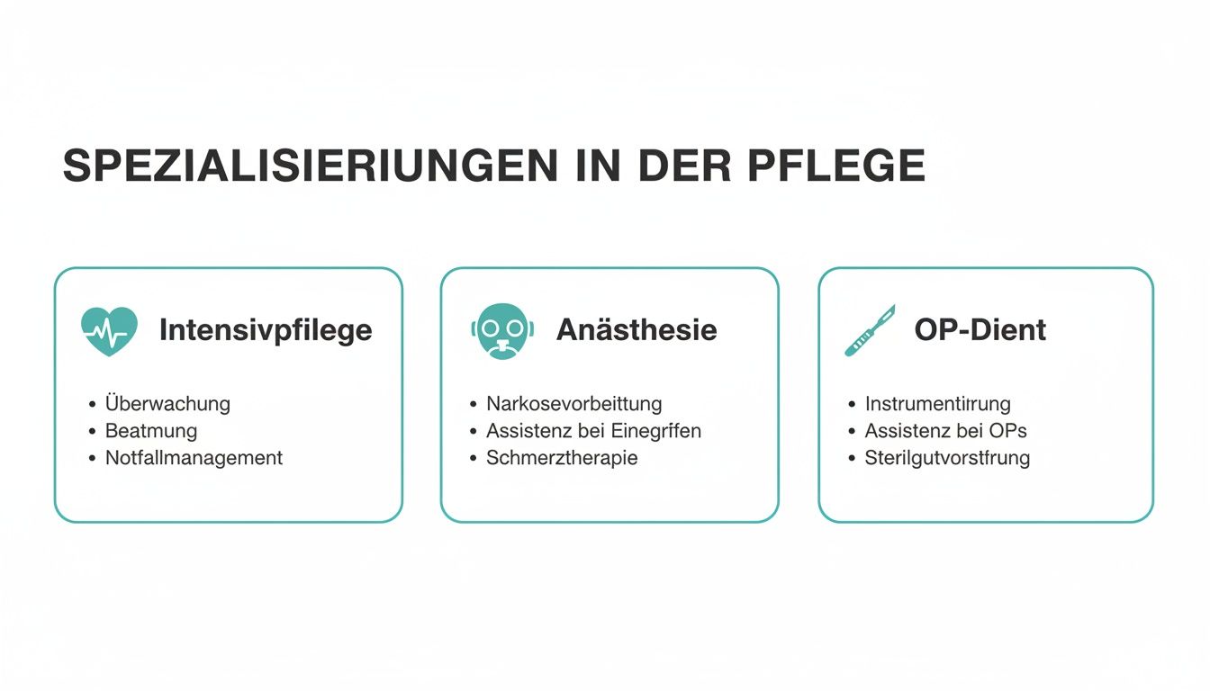 Übersicht der Spezialisierungen in der Pflege: Intensivpflege, Anästhesie und OP-Dienst mit ihren Kernaufgaben.