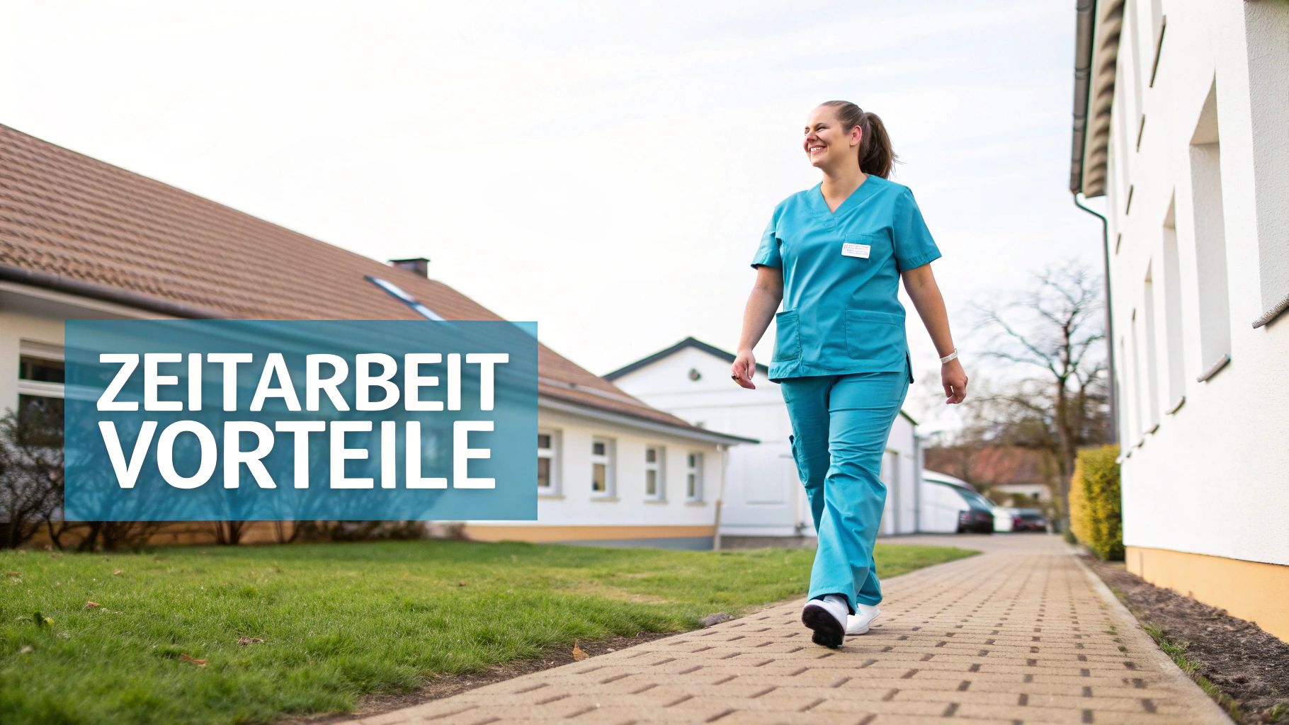 Lächelnde Pflegefachkraft in blauer Uniform geht auf einem Weg mit Text 'ZEITARBEIT VORTEILE' im Vordergrund.