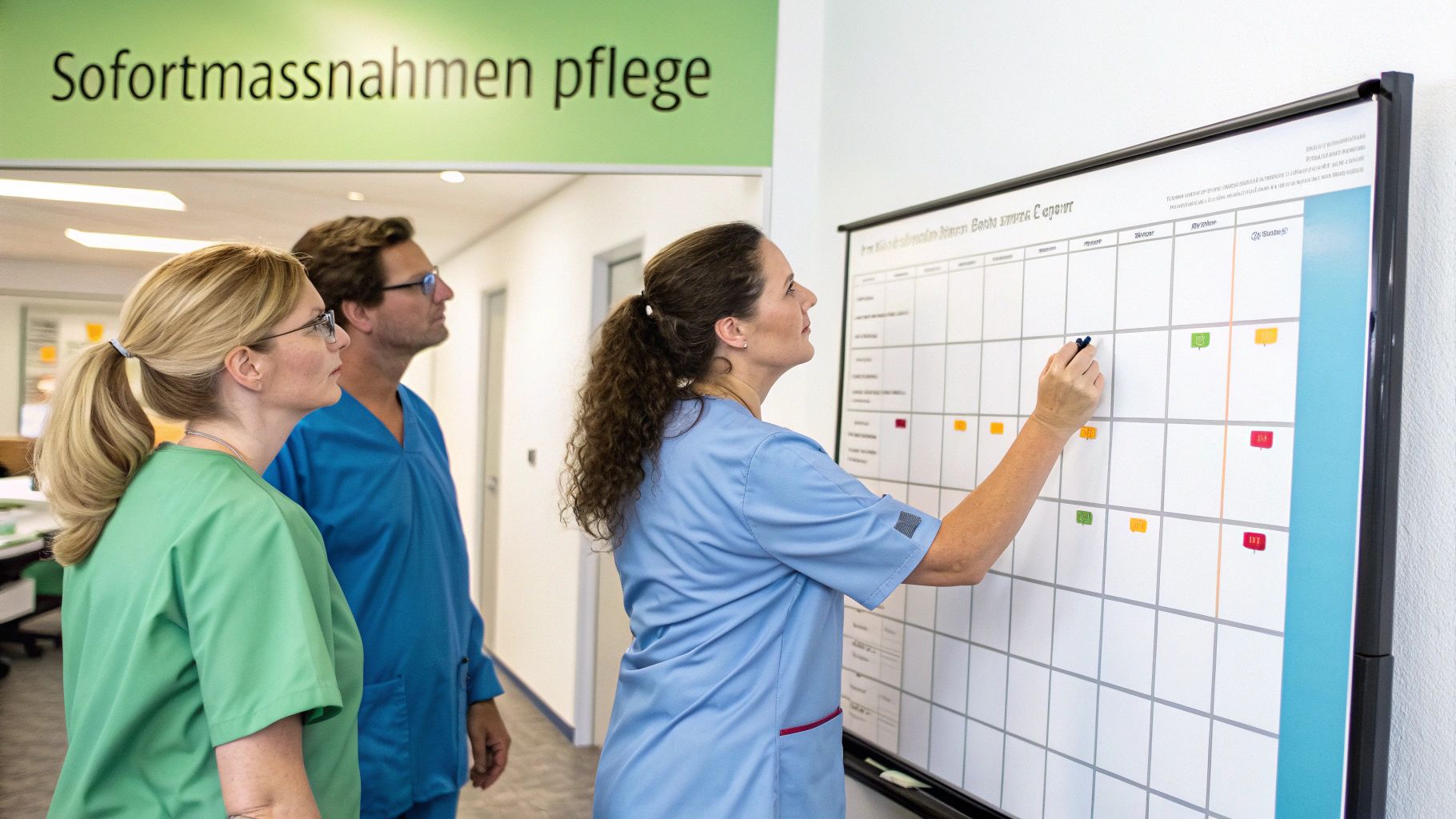 Drei Pflegekräfte planen Dienstzeiten an einem Whiteboard zur Bewältigung von Personalmangel in der Pflege