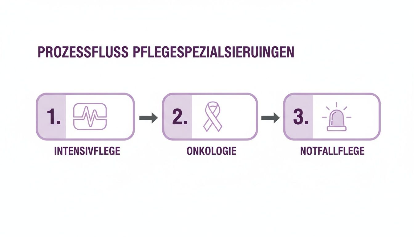 Übersicht des Prozessflusses für Pflegespezialisierungen mit Icons für Intensivpflege, Onkologie und Notfallpflege.