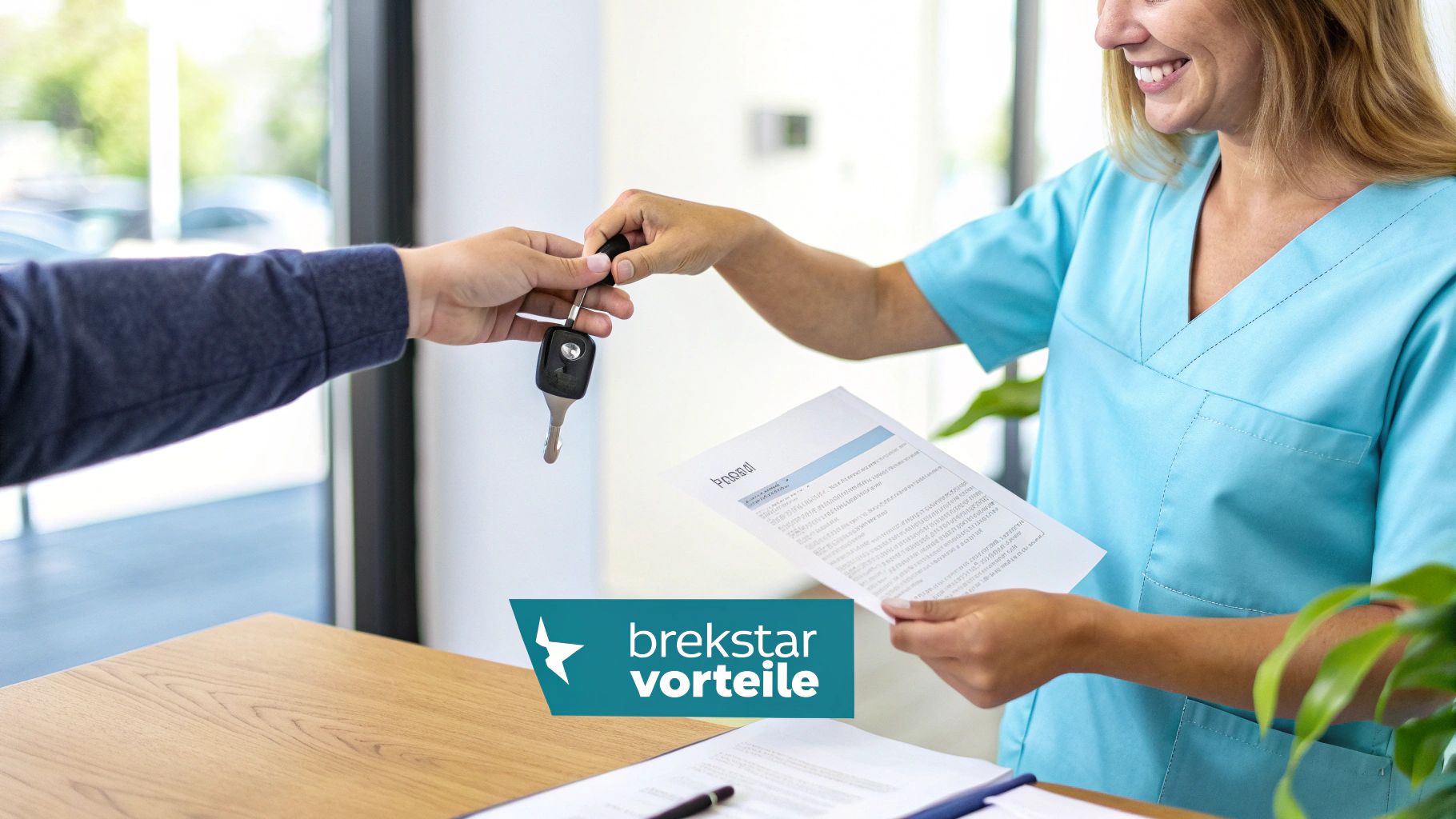 Eine Pflegekraft, die zufrieden ihren Dienstwagen von Brekstar Medical betrachtet.