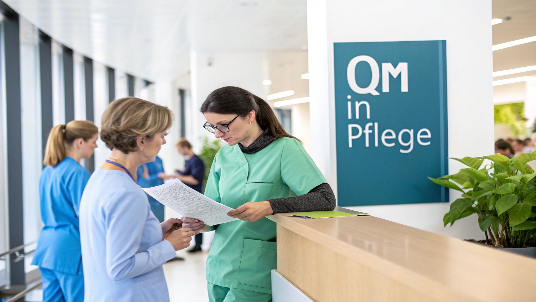 Zwei Pflegekräfte besprechen Dokumente an einer Theke in einem modernen Krankenhausflur mit einem "QM in Pflege"-Schild.
