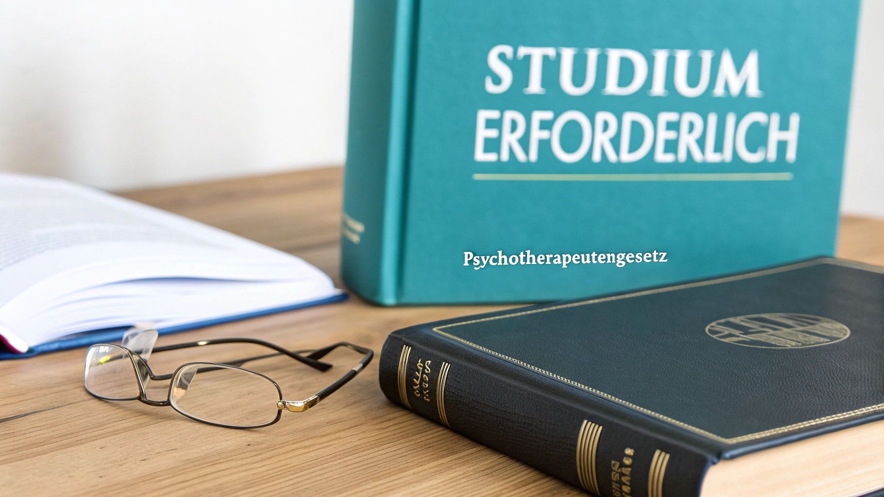 Bücher, Lesebrille auf Holztisch mit Text 'Studium erforderlich Psychotherapeutengesetz'.