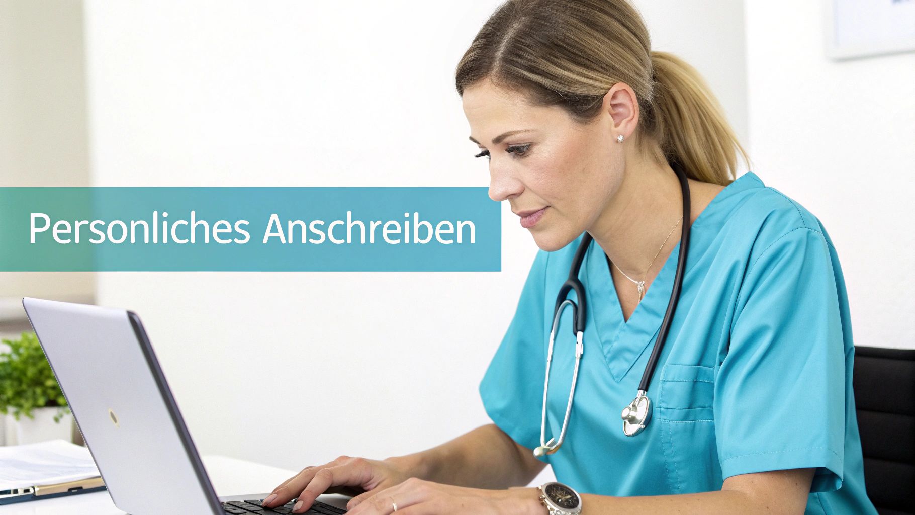 Junge Krankenschwester in medizinischer Kleidung tippt an einem Laptop, mit der Aufschrift 'Persönliches Anschreiben'.