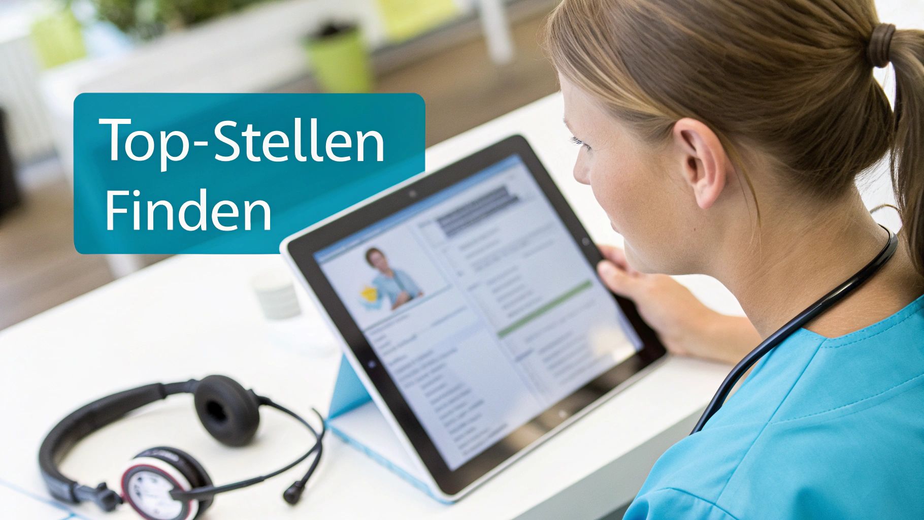 Eine medizinische Fachkraft in blauer Arbeitskleidung sucht auf einem Tablet nach Top-Stellen, daneben liegt ein Headset.