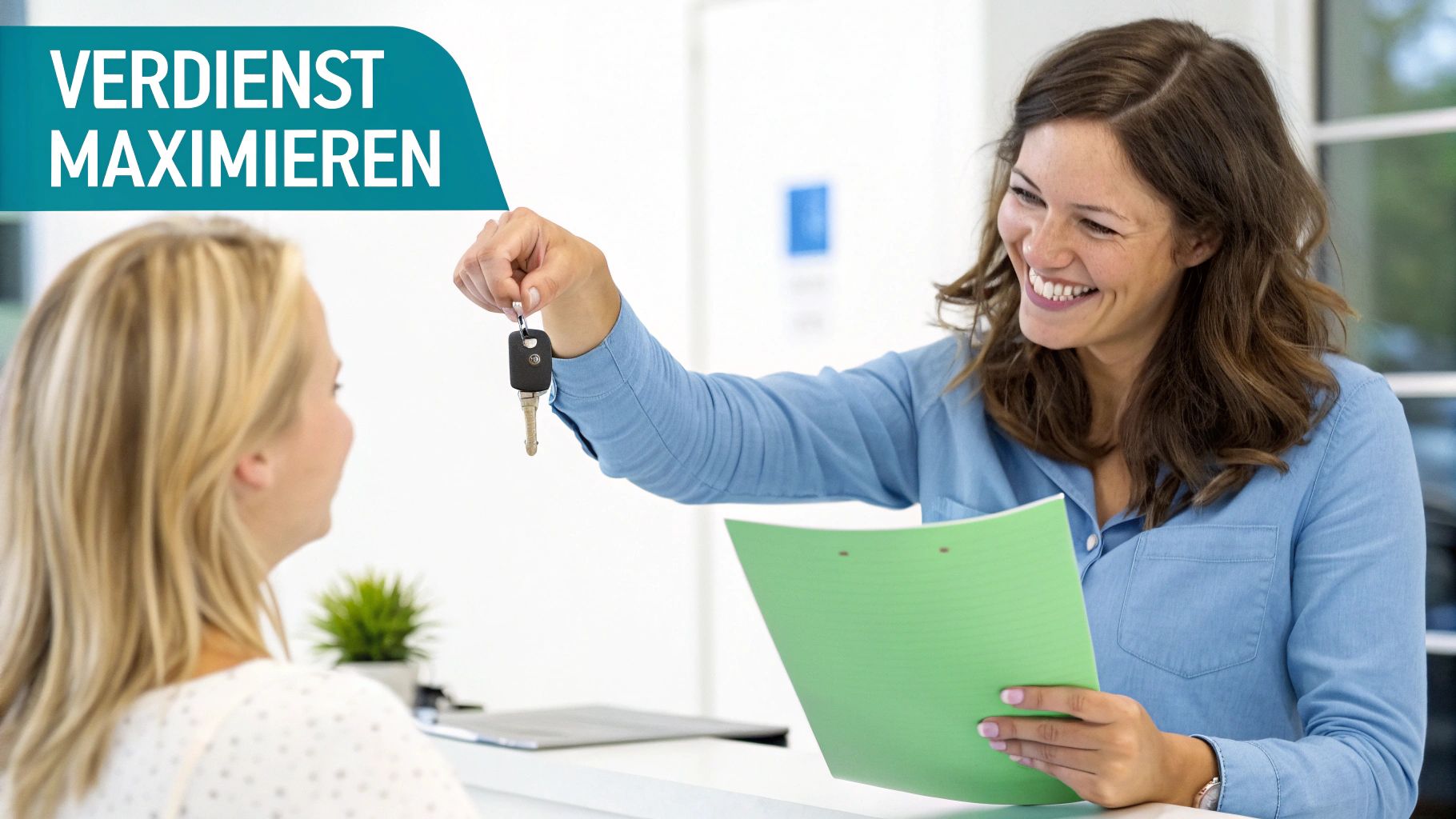Eine lächelnde Frau übergibt Autoschlüssel an eine andere Frau vor einem Schild "Verdienst maximieren".