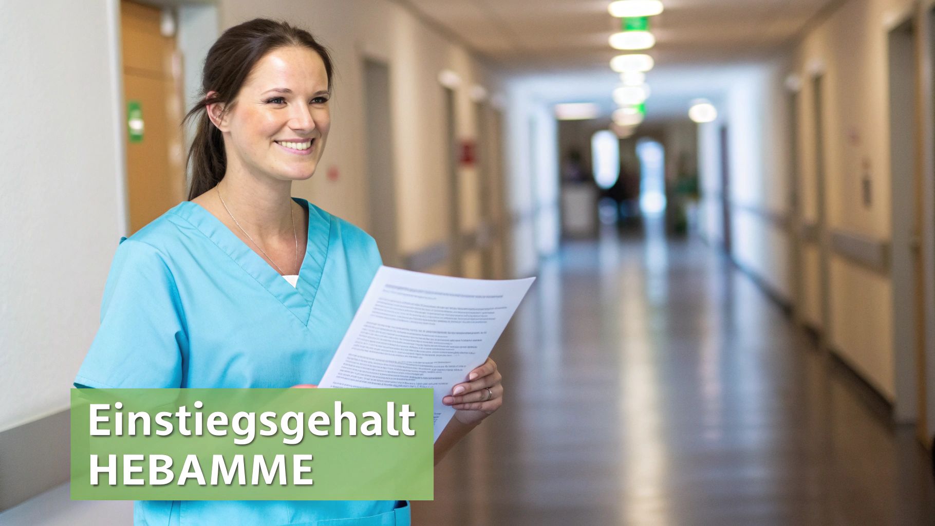 Lächelnde Hebamme in blauem Kasack hält Dokumente in einem Krankenhausflur. Unten links steht 'Einstiegsgehalt Hebamme'.