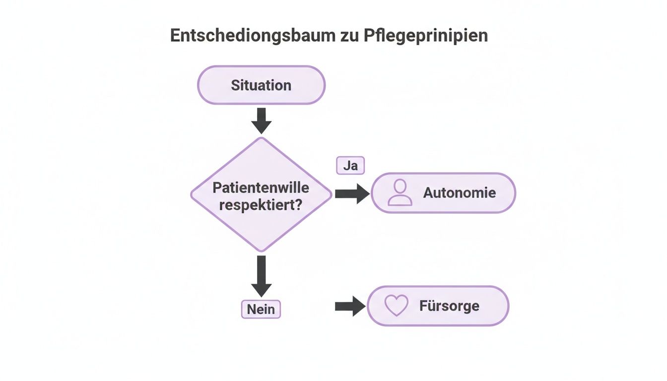 Flussdiagramm zu Pflegeprinzipien, das von einer Situation über die Respektierung des Patientenwillens zu Autonomie oder Fürsorge führt.