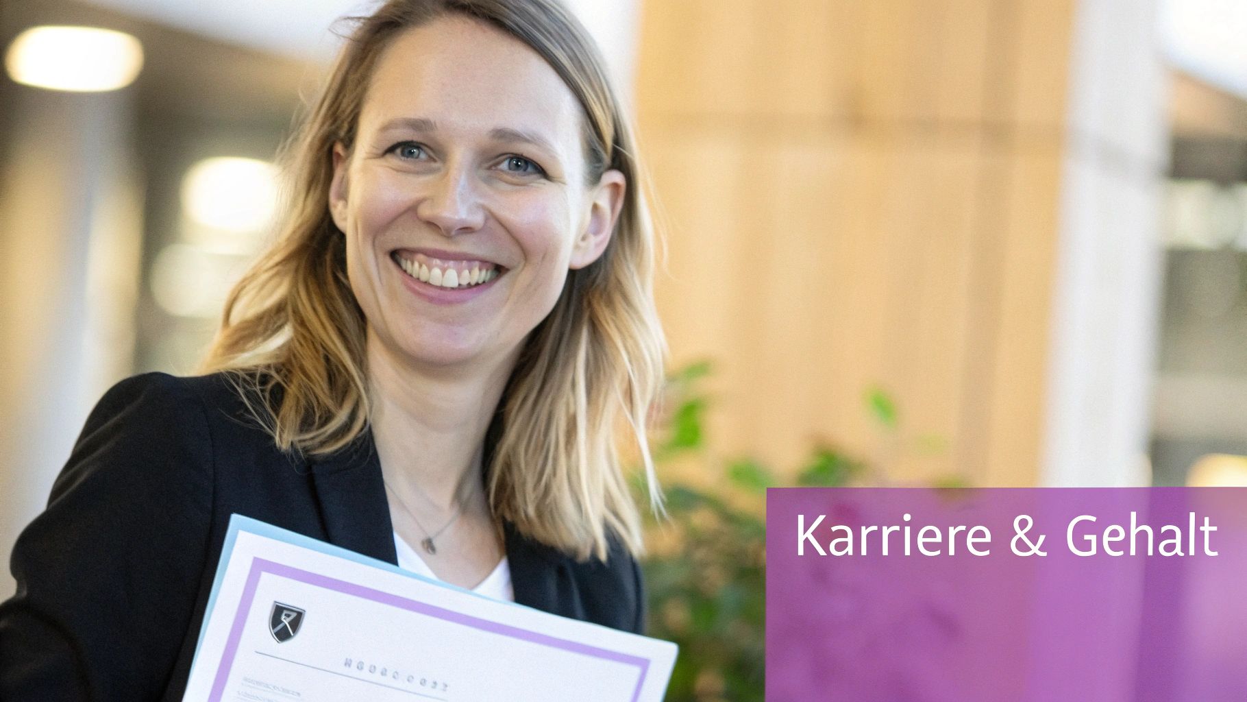 Lächelnde Frau in Blazer hält Dokumente, mit Text "Karriere & Gehalt" im Vordergrund.