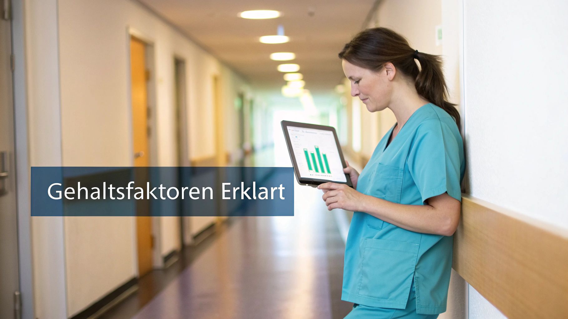 Eine Pflegefachkraft im Flur eines Krankenhauses betrachtet auf einem Tablet Diagramme zu Gehaltsfaktoren.