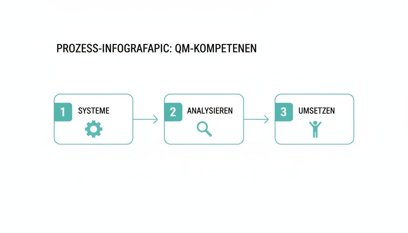 Prozessinfografik zu QM-Kompetenzen mit den Schritten Systeme, Analysieren und Umsetzen.