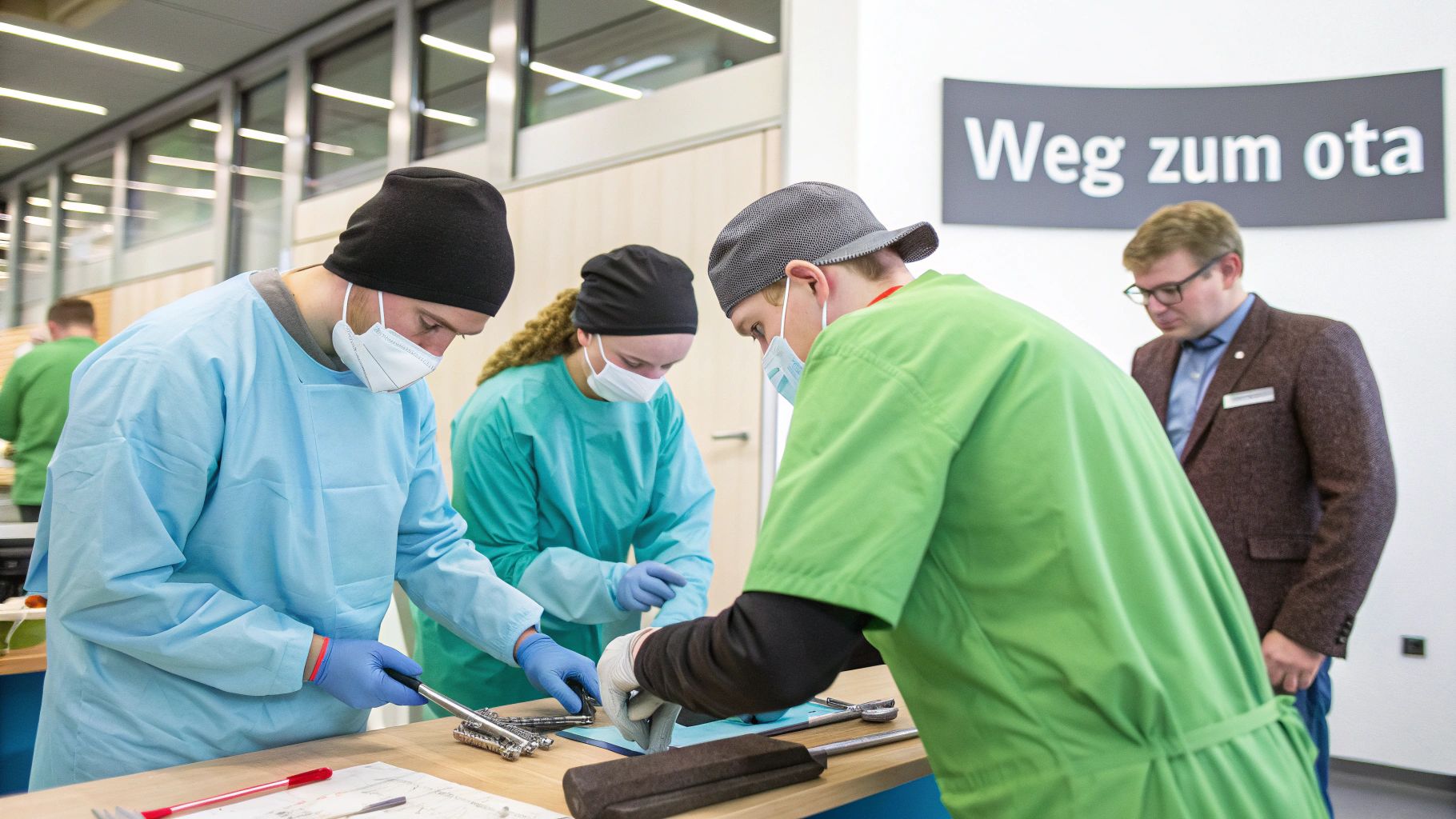 Operationstechnische Assistenten in Arbeitskleidung üben praktische Fähigkeiten an einem Übungstisch mit medizinischen Instrumenten