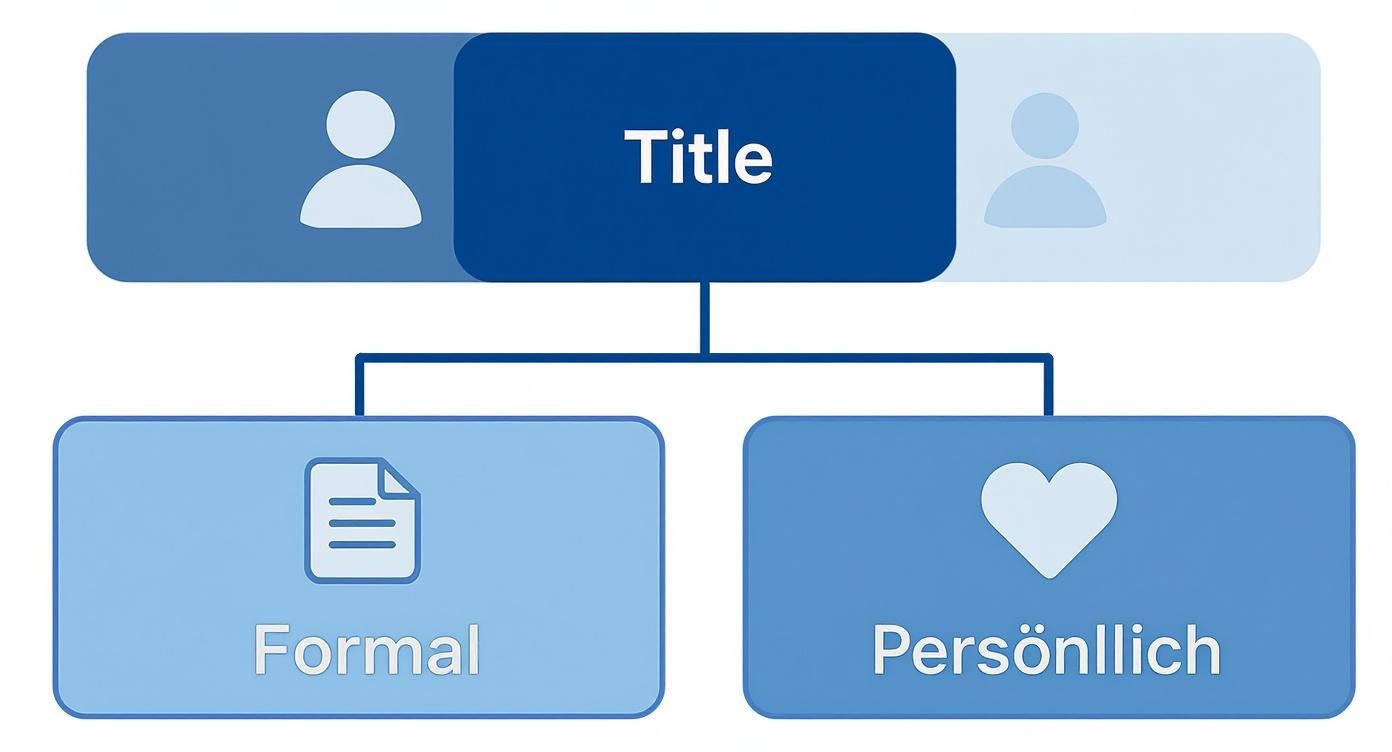 Ein Diagramm zeigt einen Titel mit den verbundenen Kategorien „Formal“ (Dokumentensymbol) und „Persönlich“ (Herzsymbol).