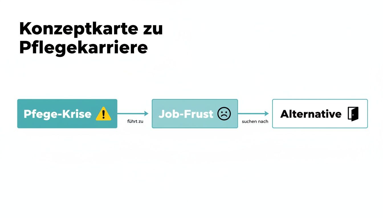 Konzeptkarte zur Pflegekarriere visualisiert den Weg von der Pflege-Krise über Job-Frust zur Suche nach Alternativen.