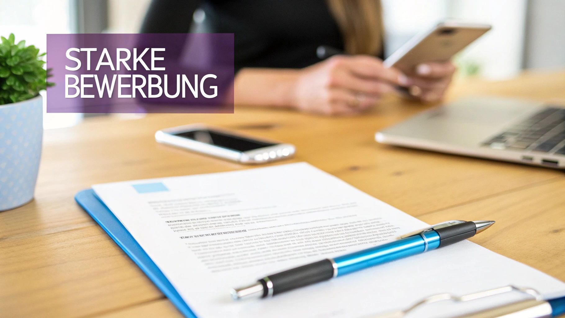 Schreibtisch mit Bewerbungsunterlagen, einem Stift und einem Laptop. Im Hintergrund eine Person, die ein Smartphone benutzt. Overlay-Text: 'STARKE BEWERBUNG'.