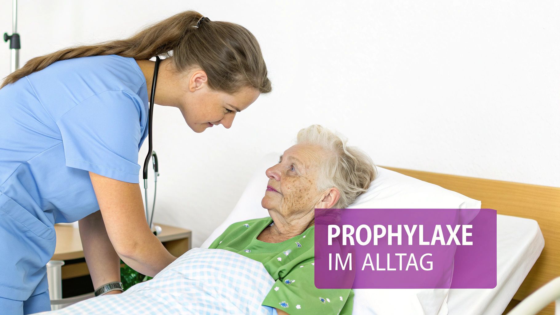 Eine junge Pflegekraft beugt sich über eine ältere Patientin im Bett, um sich um sie zu kümmern, mit Fokus auf Prophylaxe.