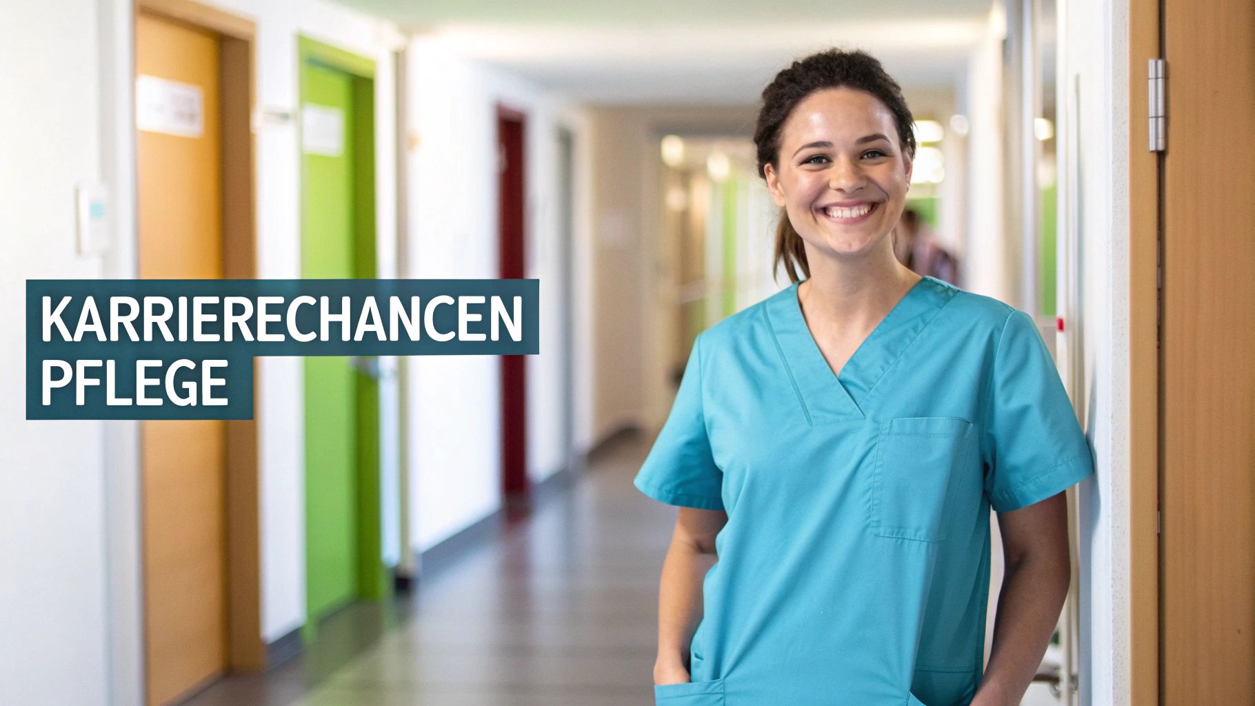 Lächelnde Pflegefachkraft in blauer Berufskleidung in einem Krankenhausflur, mit dem Text: Karrierechancen Pflege.