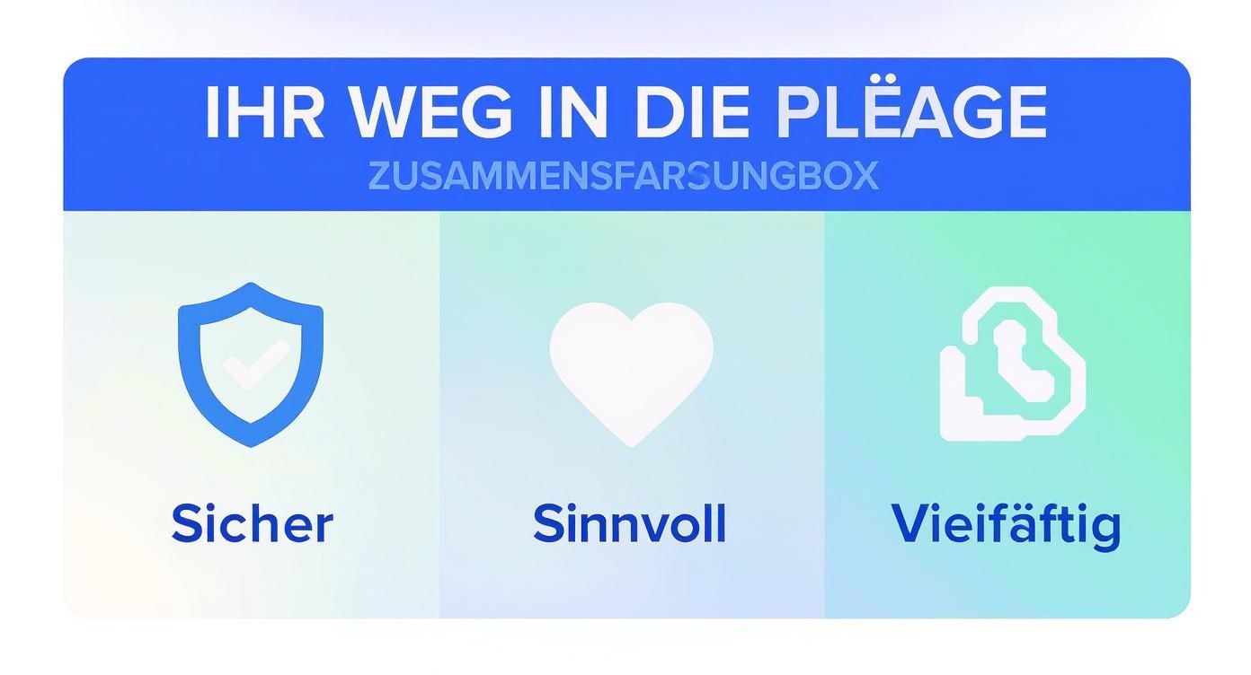 Infografik zeigt drei Säulen der Pflege: Sicher mit Schild-Symbol, Sinnvoll mit Herz-Symbol, Vielfältig mit Personen-Symbol