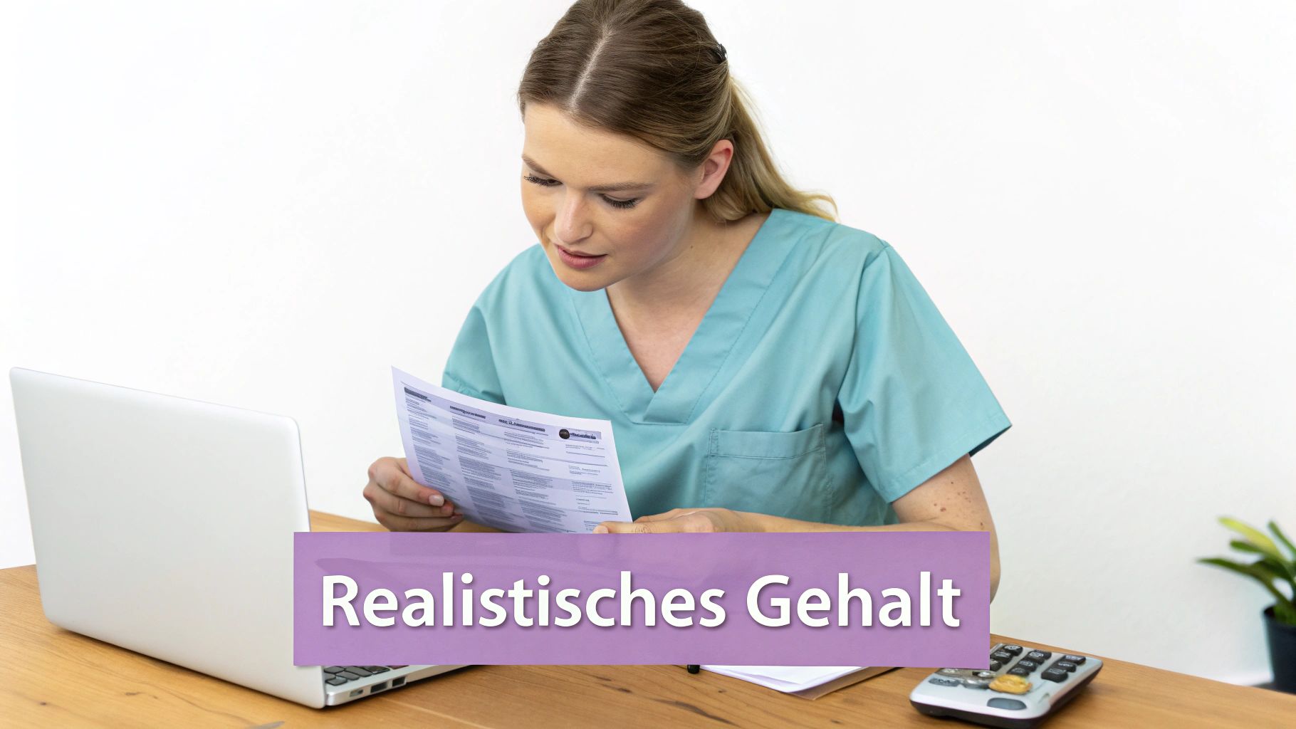 Eine junge Frau in mintgrünen Kasacks sitzt an einem Holztisch, prüft Dokumente, mit Laptop und Taschenrechner. Der Text "Realistisches Gehalt" ist überlagert.