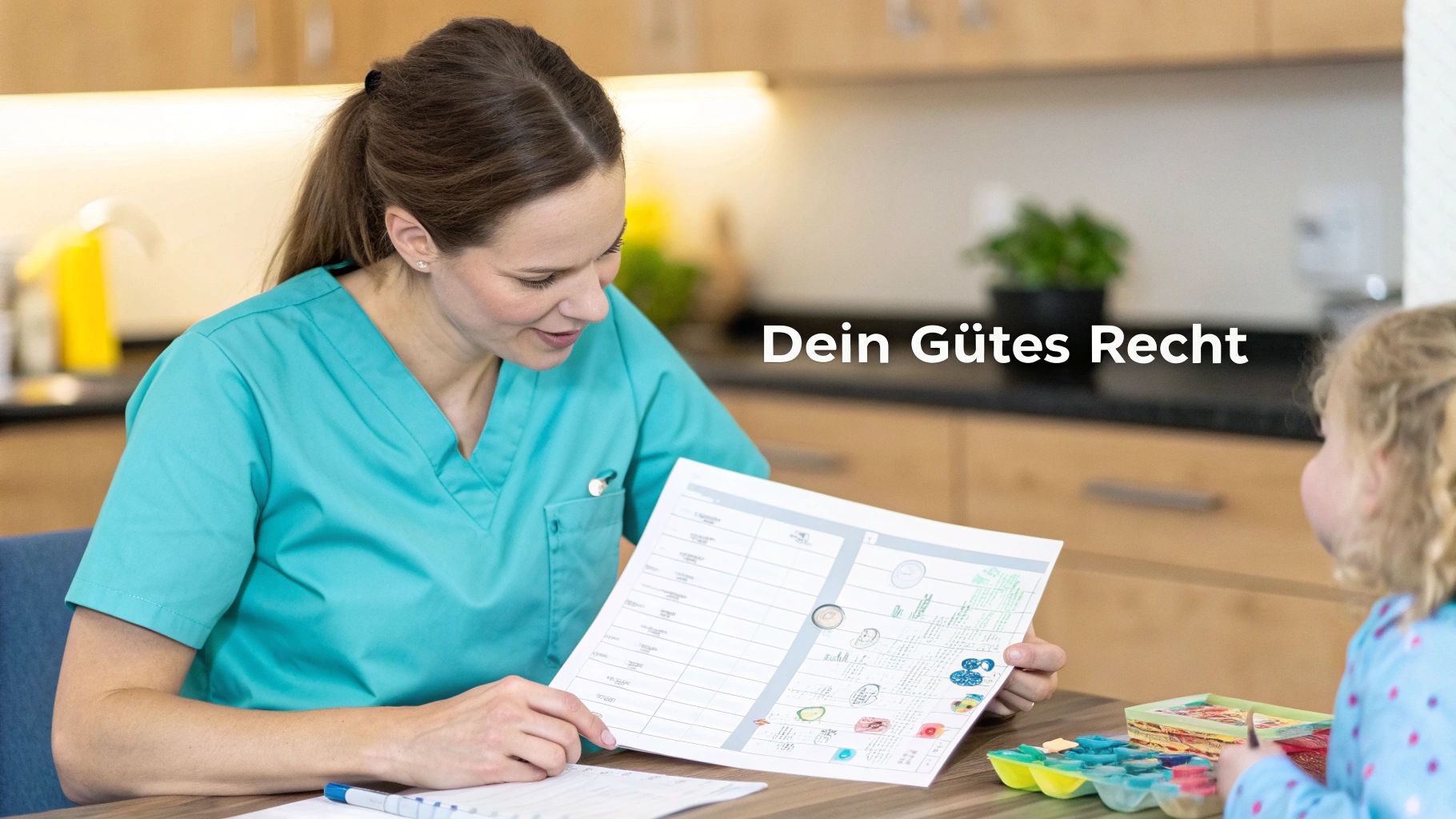 Eine lächelnde Pflegerin zeigt einem Kind ein Dokument an einem Tisch mit Bastelmaterial.