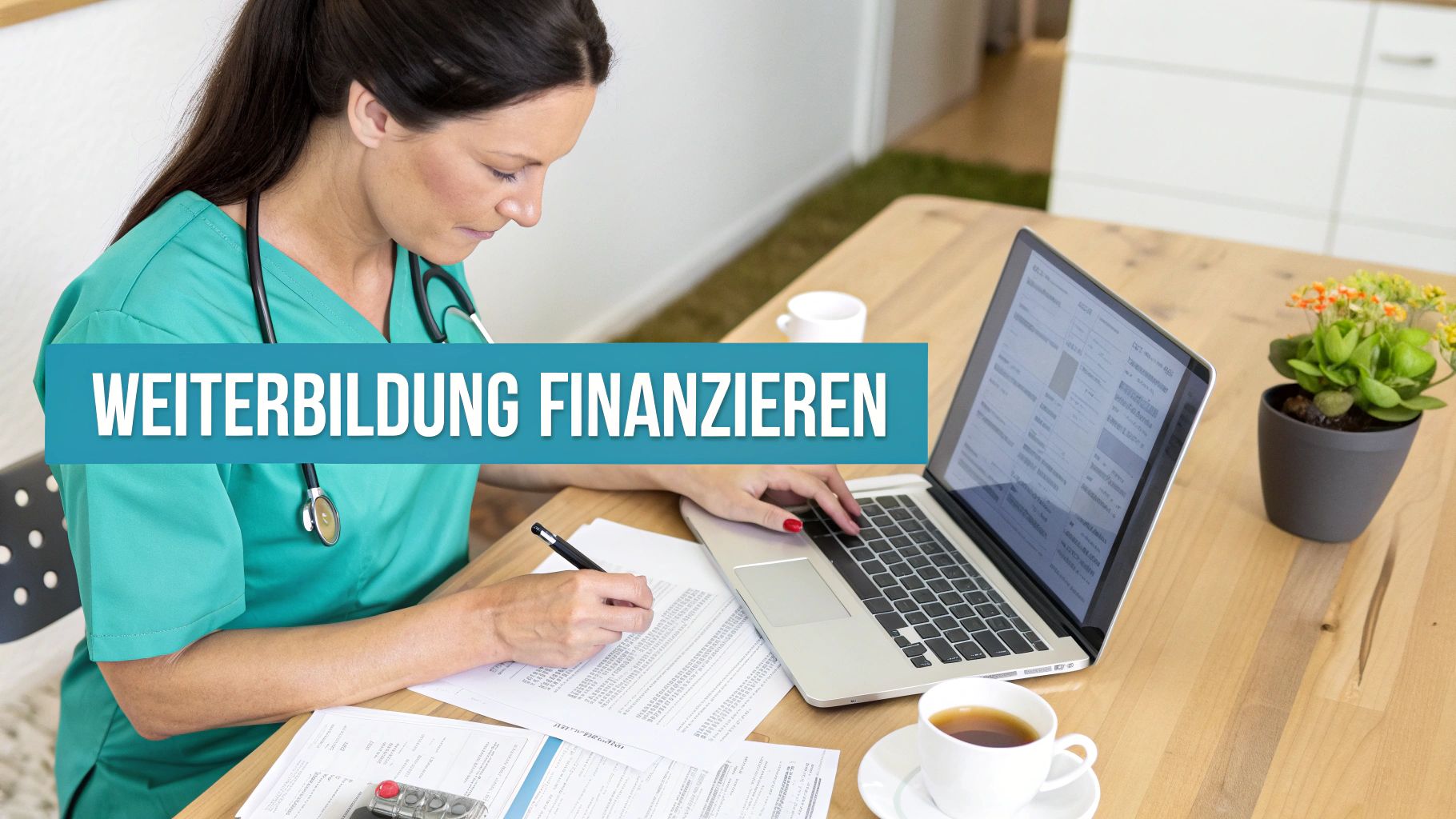 Krankenschwester in Arbeitskleidung bei der Weiterbildung am Schreibtisch mit Laptop und Unterlagen.