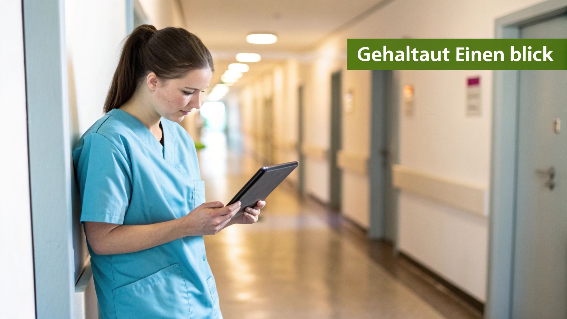 Junge Pflegeassistentin in blauem Kasack liest auf einem Tablet im Flur eines Krankenhauses.