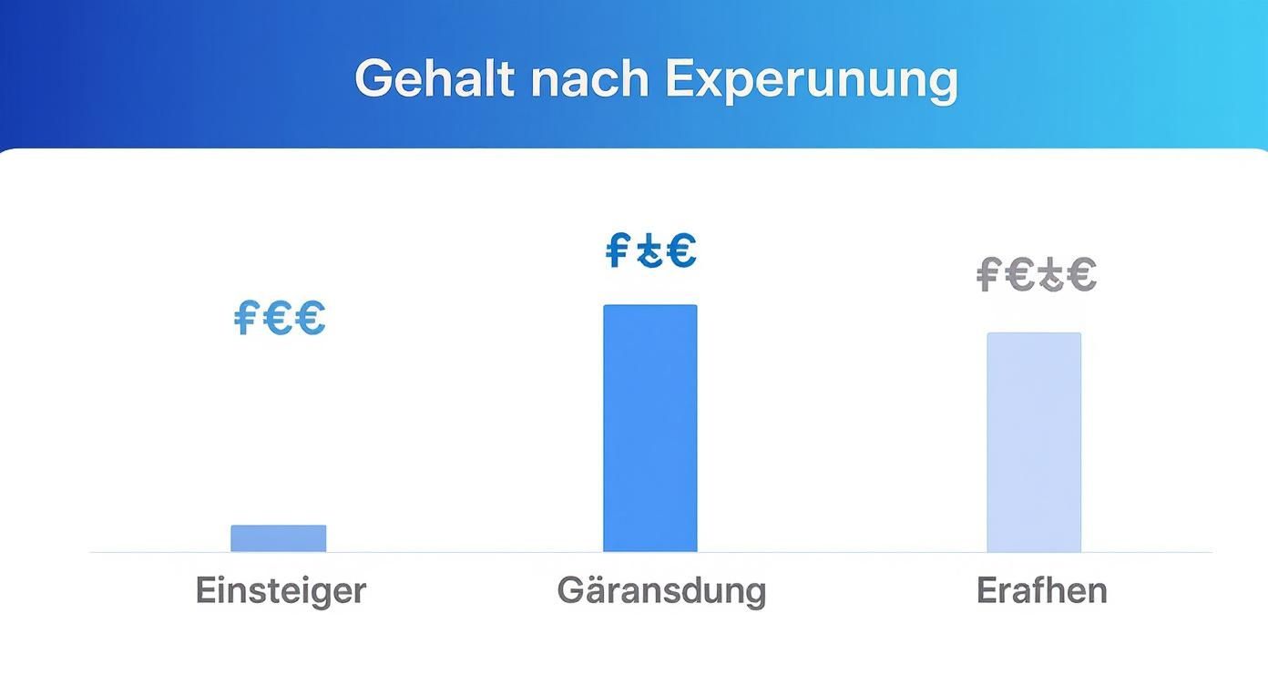 Balkendiagramm zeigt die Gehaltsentwicklung nach Experunung mit den Stufen Einsteiger, Gäransdung und Erafhen.