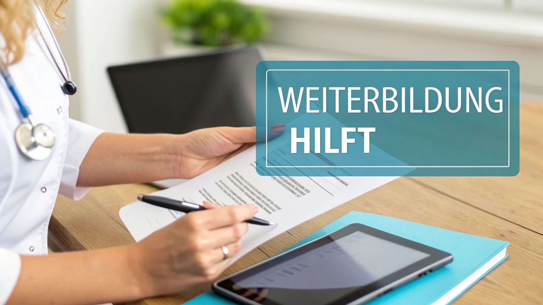 Ärztin in weißem Kittel unterschreibt ein Dokument, darüber ein Banner mit der Aufschrift 'WEITERBILDUNG HILFT'.