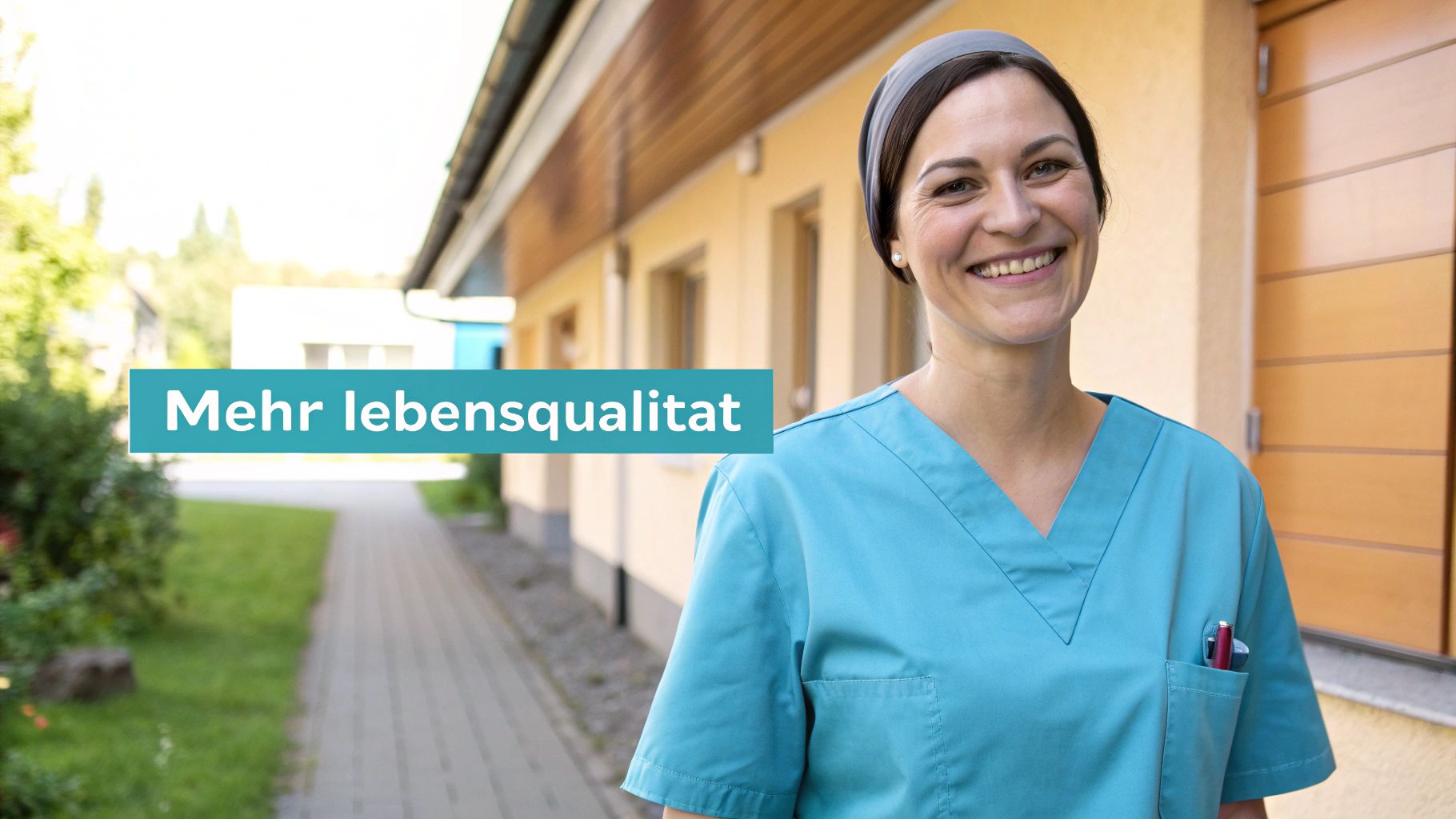 Lächelnde Pflegefachkraft in blauer Arbeitskleidung steht vor einem Gebäude mit der Aufschrift "Mehr lebensqualität".
