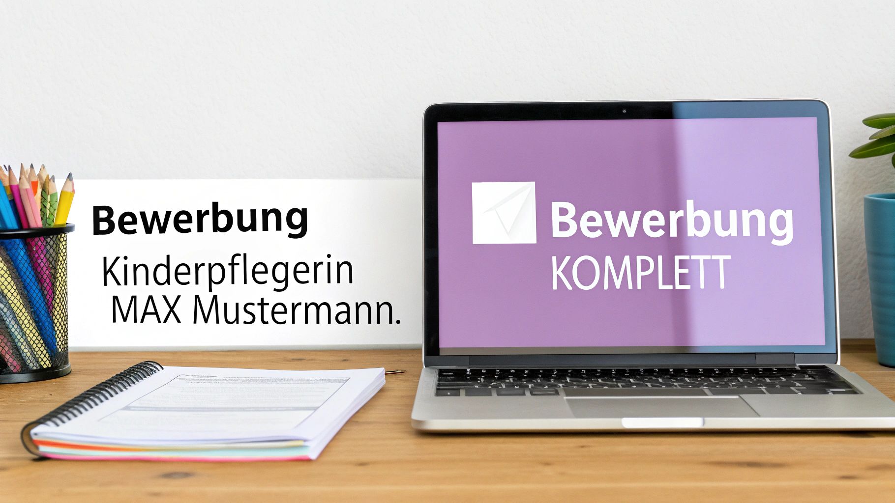 Bewerbungsunterlagen für eine Kinderpflegerin mit Laptop, der 'Bewerbung KOMPLETT' anzeigt, und Stifthalter auf einem Schreibtisch.