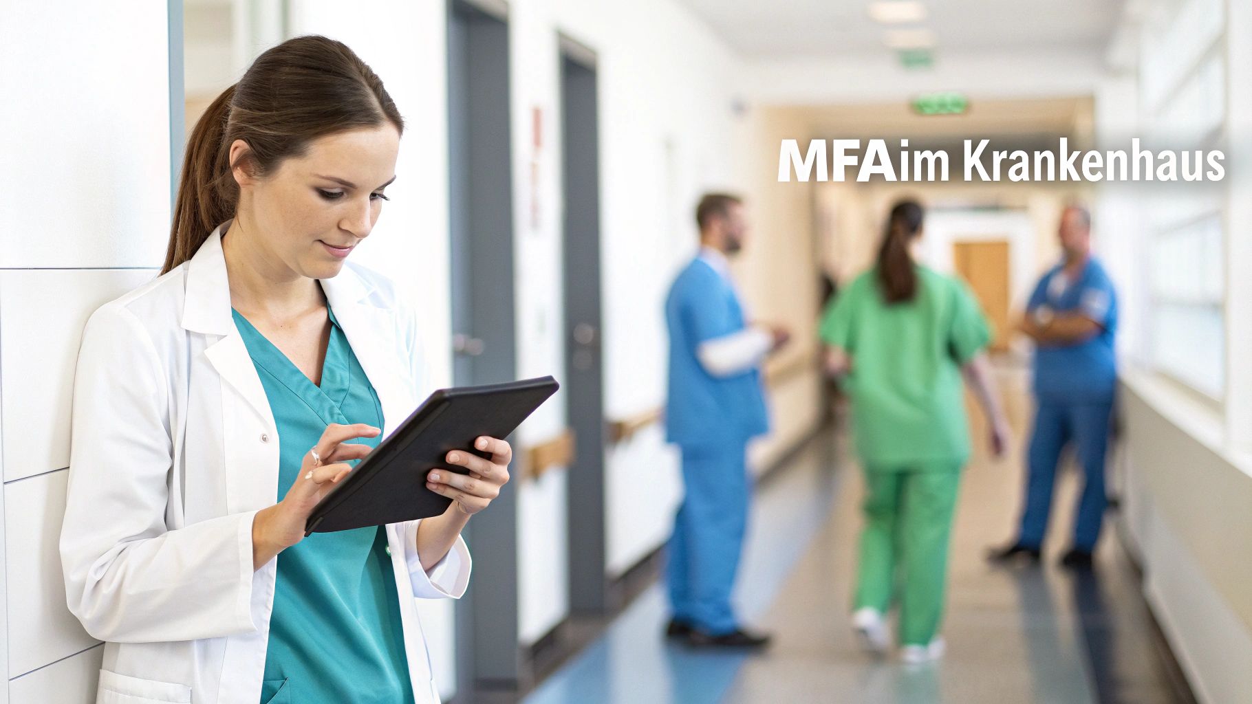 Medizinische Fachangestellte mit Tablet in einem Krankenhausflur, mit anderen Mitarbeitern im Hintergrund.