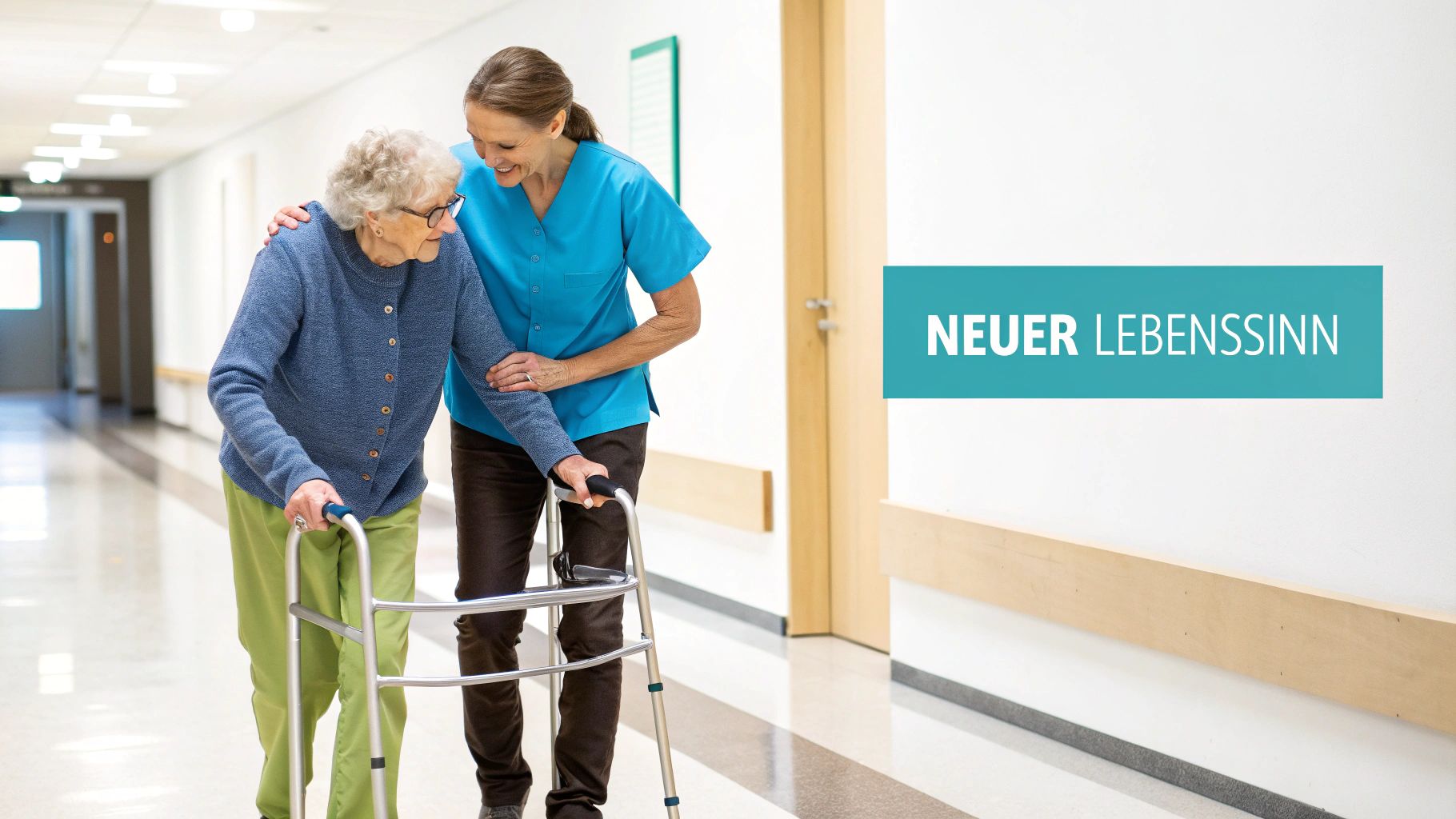 Ältere Frau mit Gehhilfe wird von lächelnder Pflegekraft auf einem Krankenhausflur unterstützt.