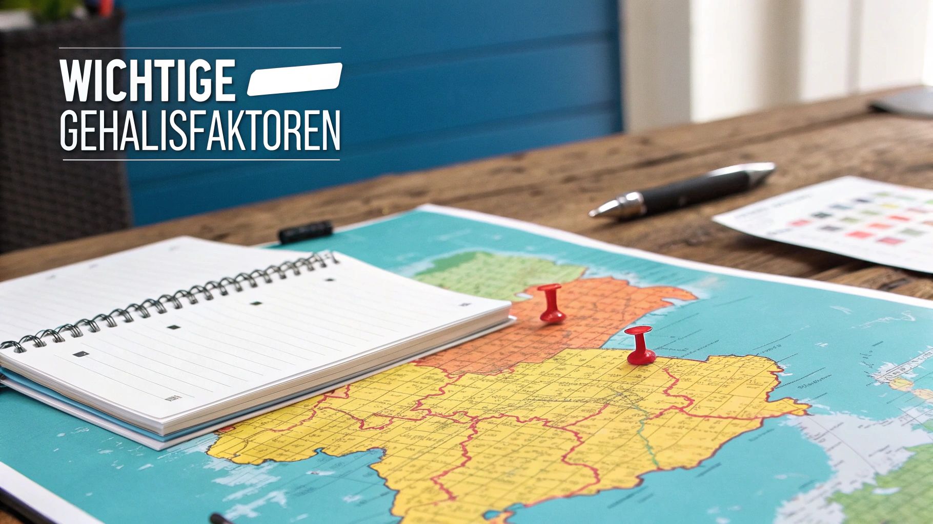 Karte mit roten Pinnnadeln, Notizbuch und Stift auf Holztisch mit Überschrift „Wichtige Gehaltsfaktoren“.