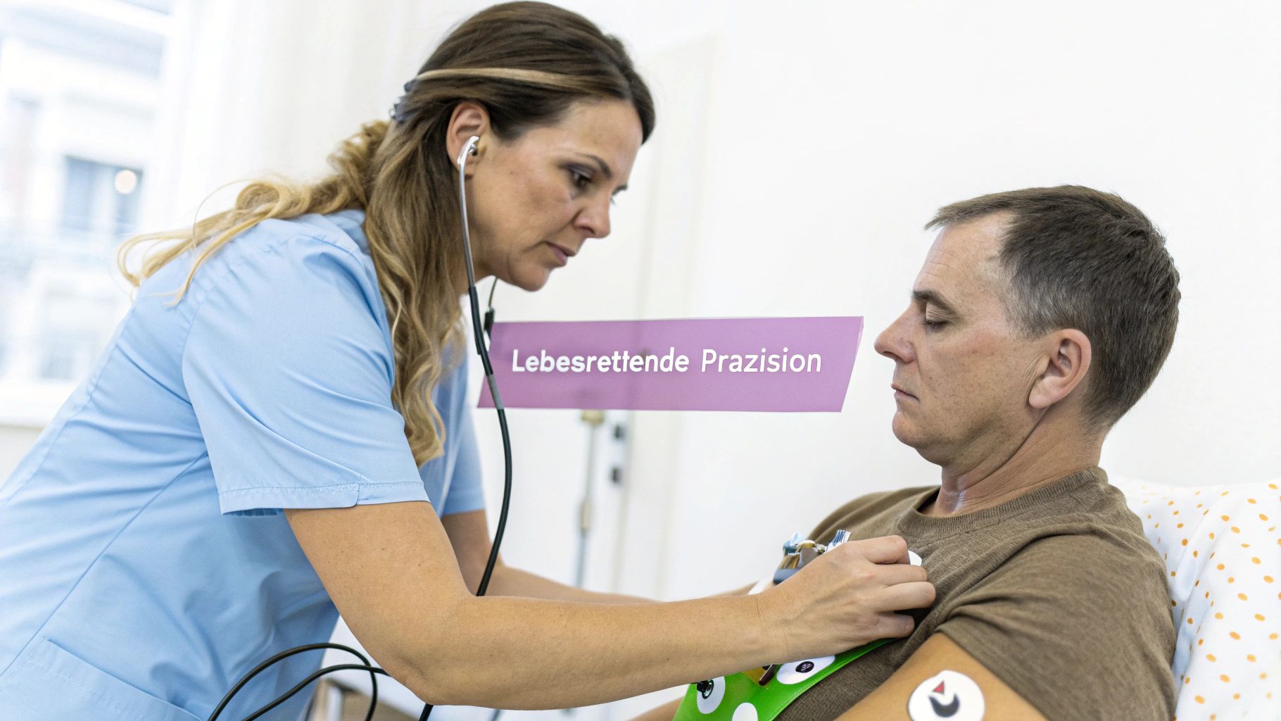 Krankenschwester untersucht Patienten mit EKG-Gerät und Stethoskop für lebensrettende Präzision.