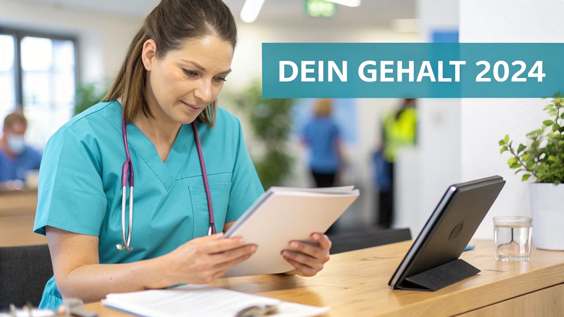 Eine Pflegefachkraft in blauen Kasacks mit Stethoskop am Schreibtisch liest Dokumente. Darüber der Schriftzug 'DEIN GEHALT 2024'.