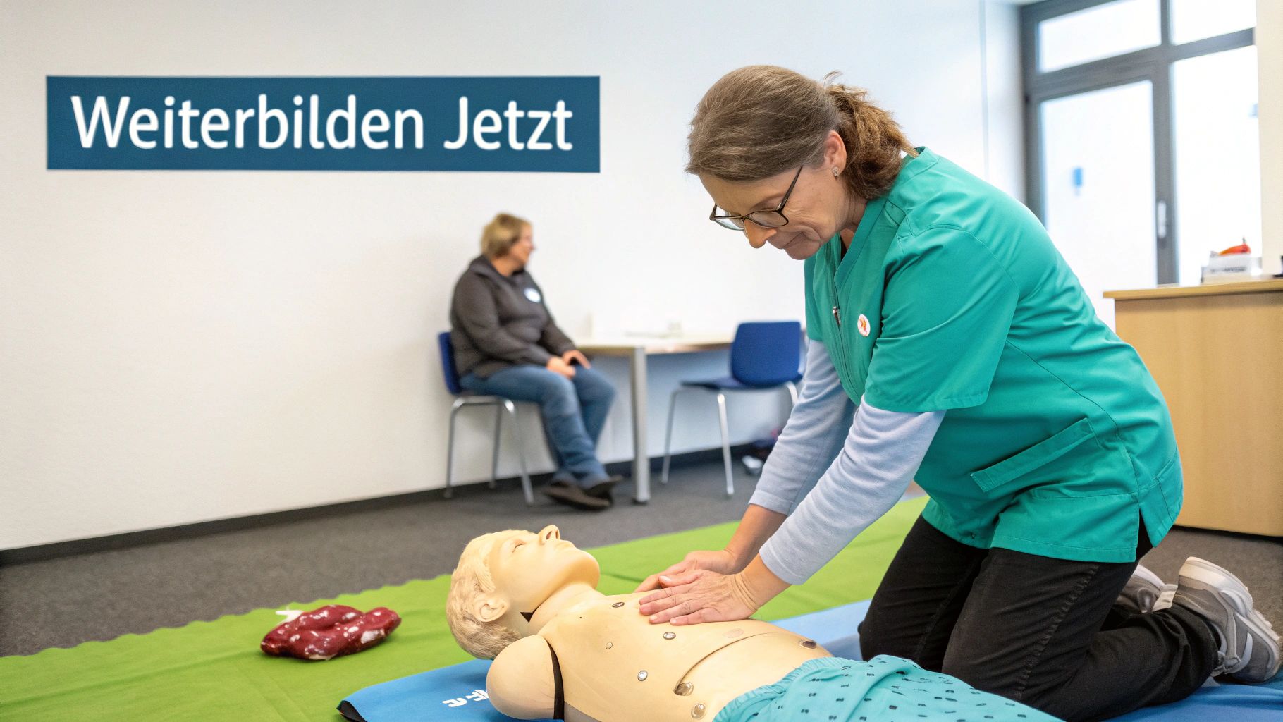 Eine Frau demonstriert Herzdruckmassage an einer Reanimationspuppe während einer Weiterbildung, mit Wandtext 'Weiterbilden Jetzt'.