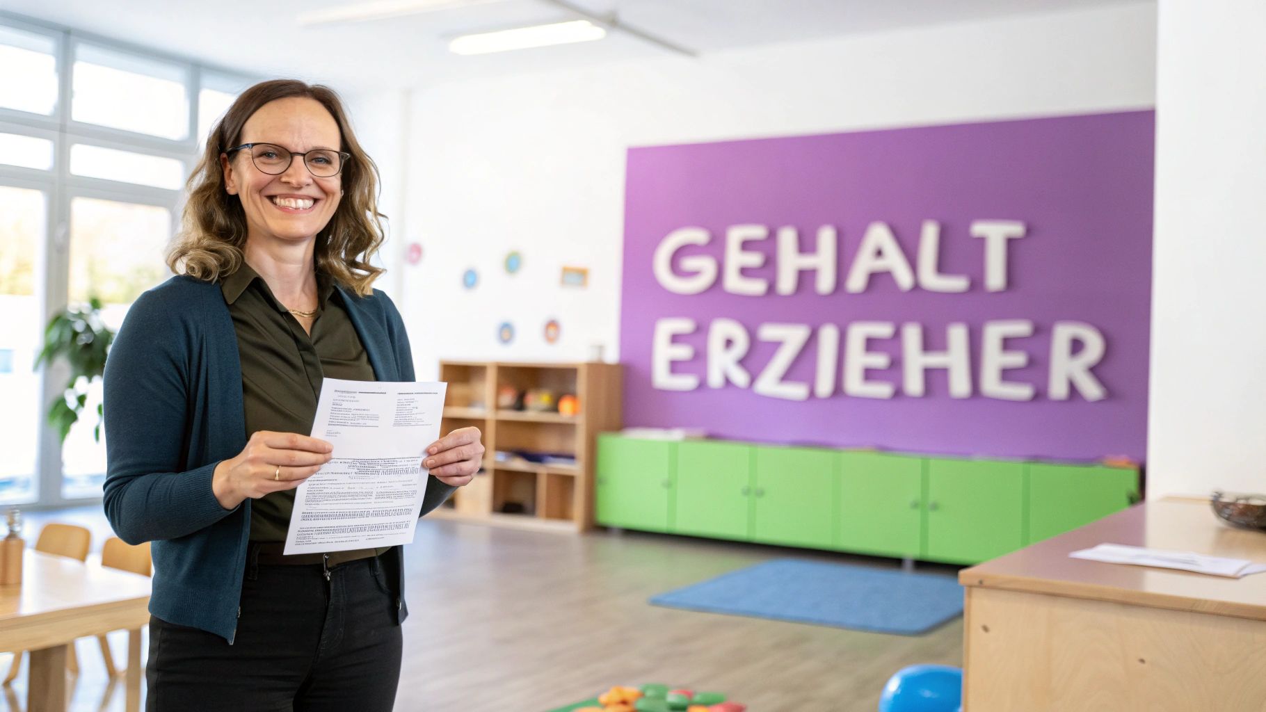 Lächelnde Erzieherin hält ein Dokument in einem hellen Kindergarten mit lila Wand und der Aufschrift "Gehalt Erzieher".