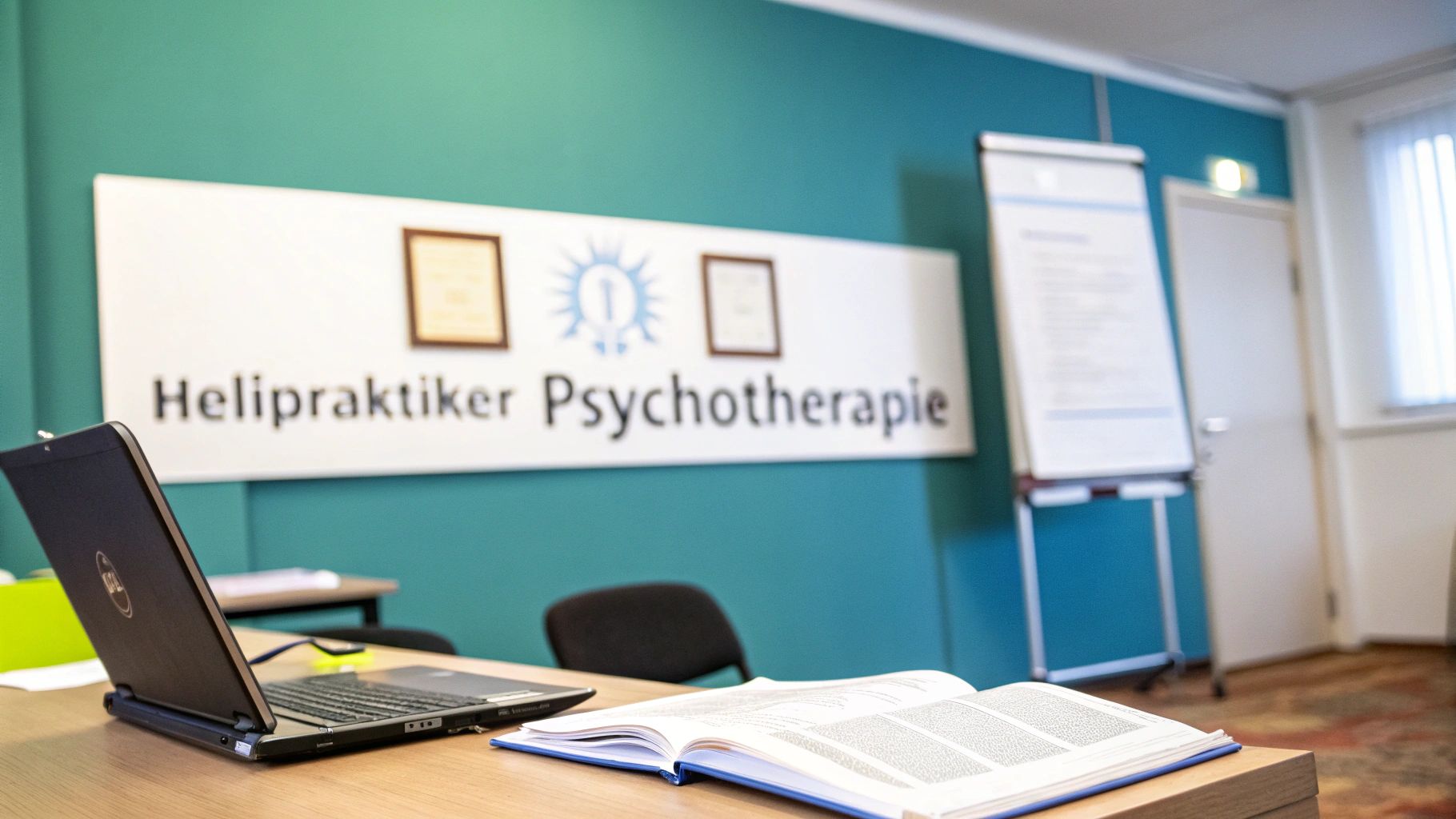 Ein Büro für Psychotherapie mit Laptop, offenem Buch und einem Schild an der Wand.