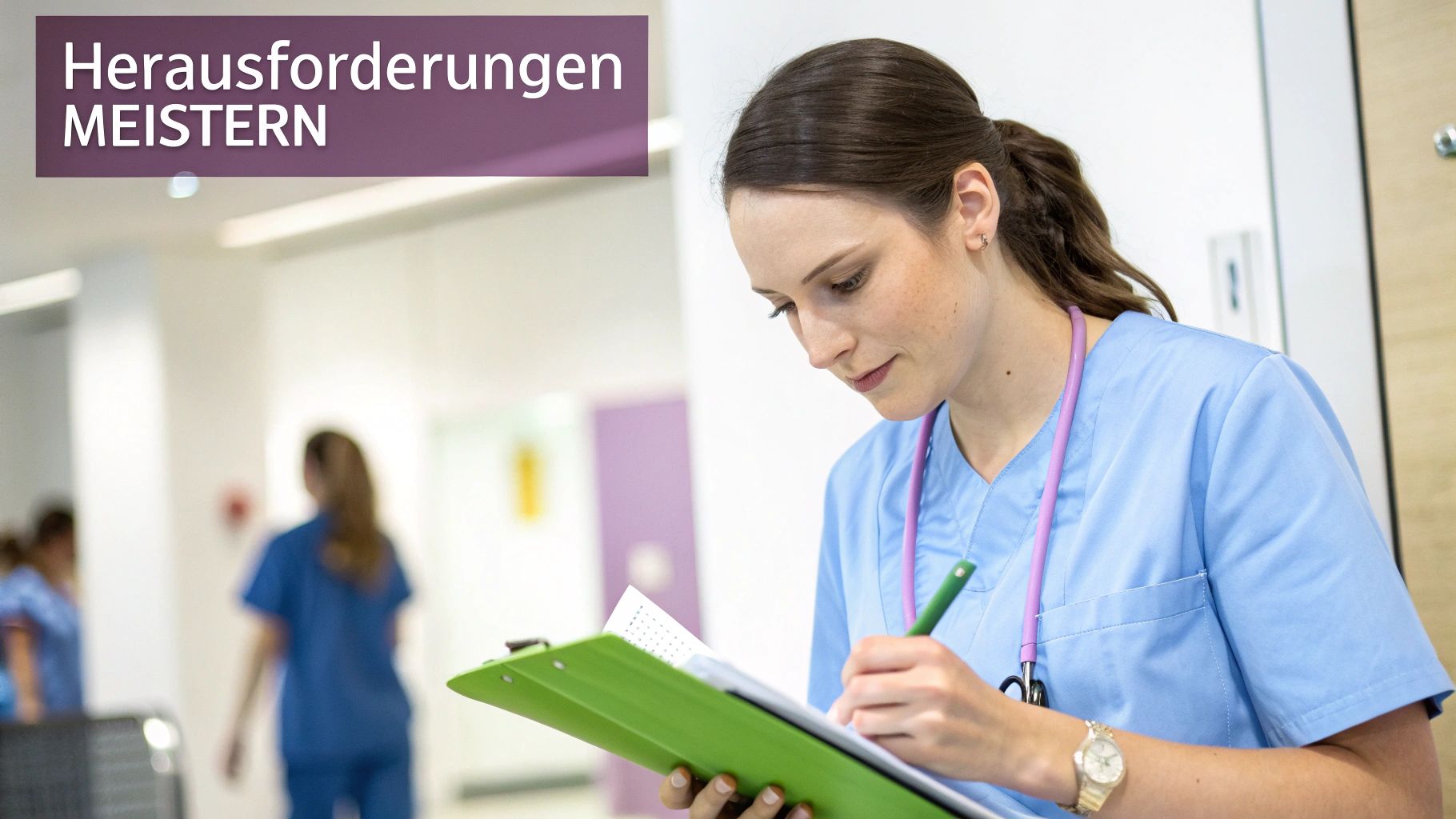 Junge Pflegefachkraft in blauen Kasacks mit Stethoskop schreibt auf Klemmbrett. Im Hintergrund sind weitere Personen zu sehen. Text: Herausforderungen MEISTERN.