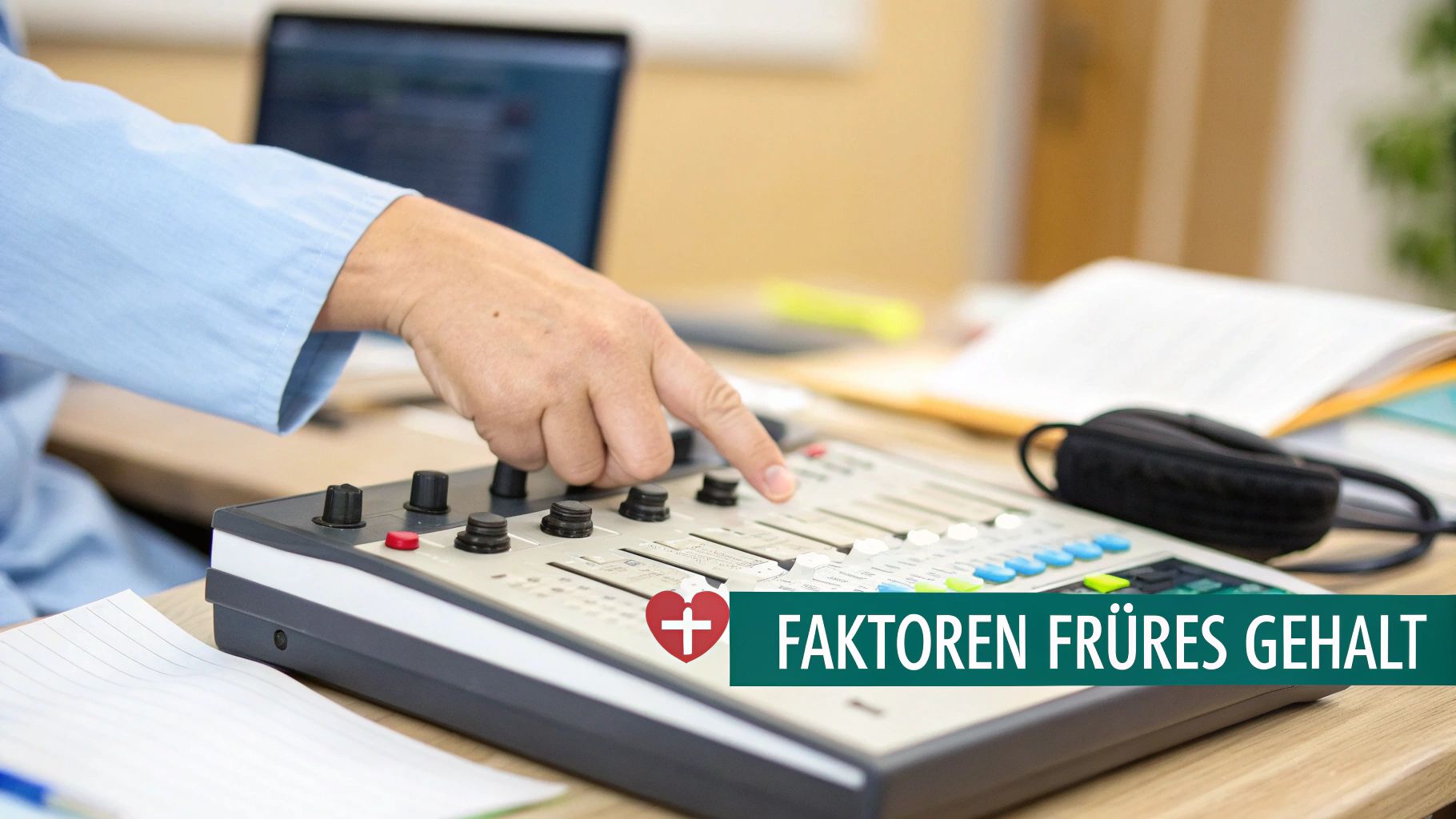 Eine Hand bedient einen Audiomixer auf einem Schreibtisch, im Hintergrund Laptop und Notizen, dazu der Banner 'FAKTOREN FRÜHERES GEHALT'.