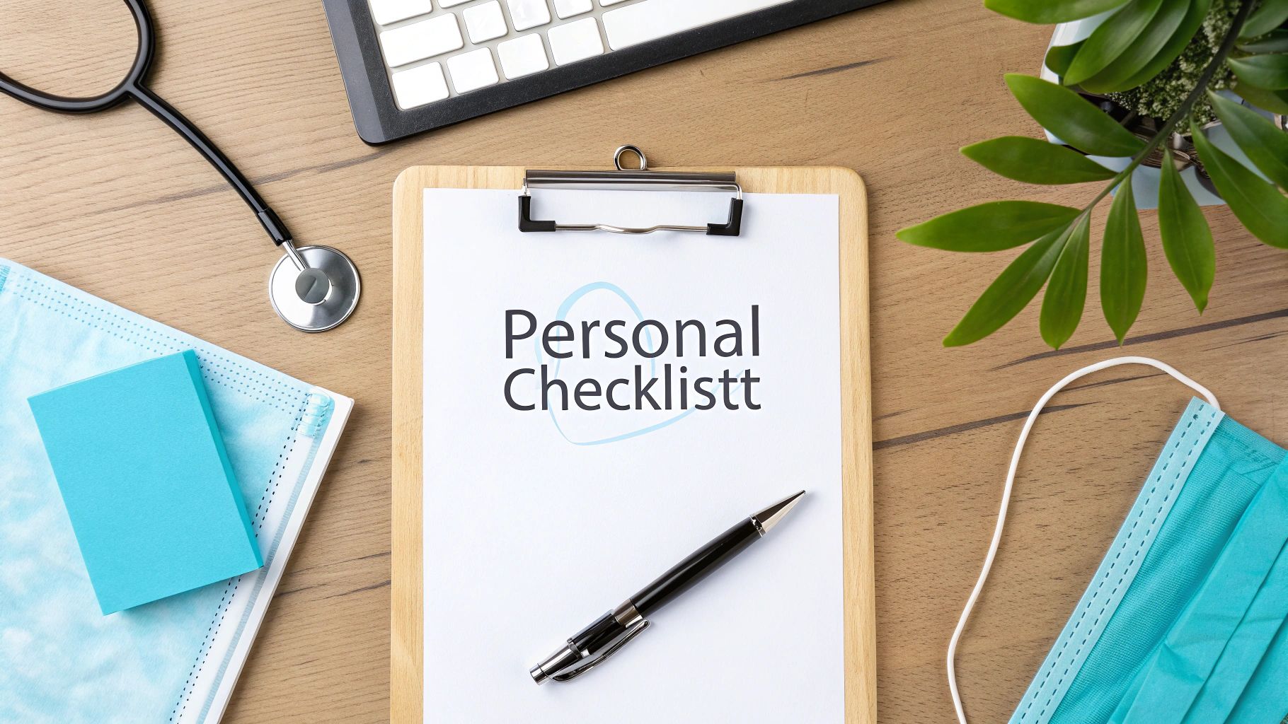 Persönliche Checkliste auf Klemmbrett mit Stethoskop, Gesichtsmasken und Büromaterial auf Holztisch im medizinischen Arbeitsbereich