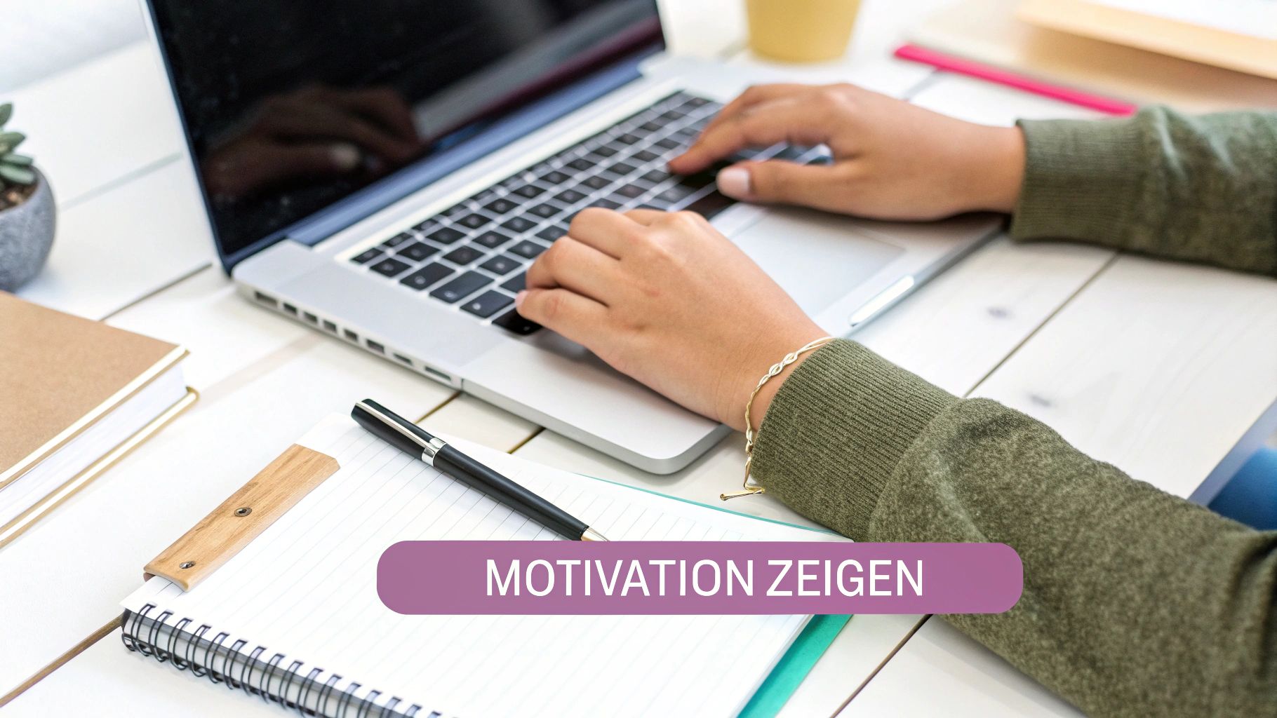 Eine Person tippt auf einem Laptop, daneben liegen ein Notizbuch und ein Stift, mit dem Text "Motivation zeigen".