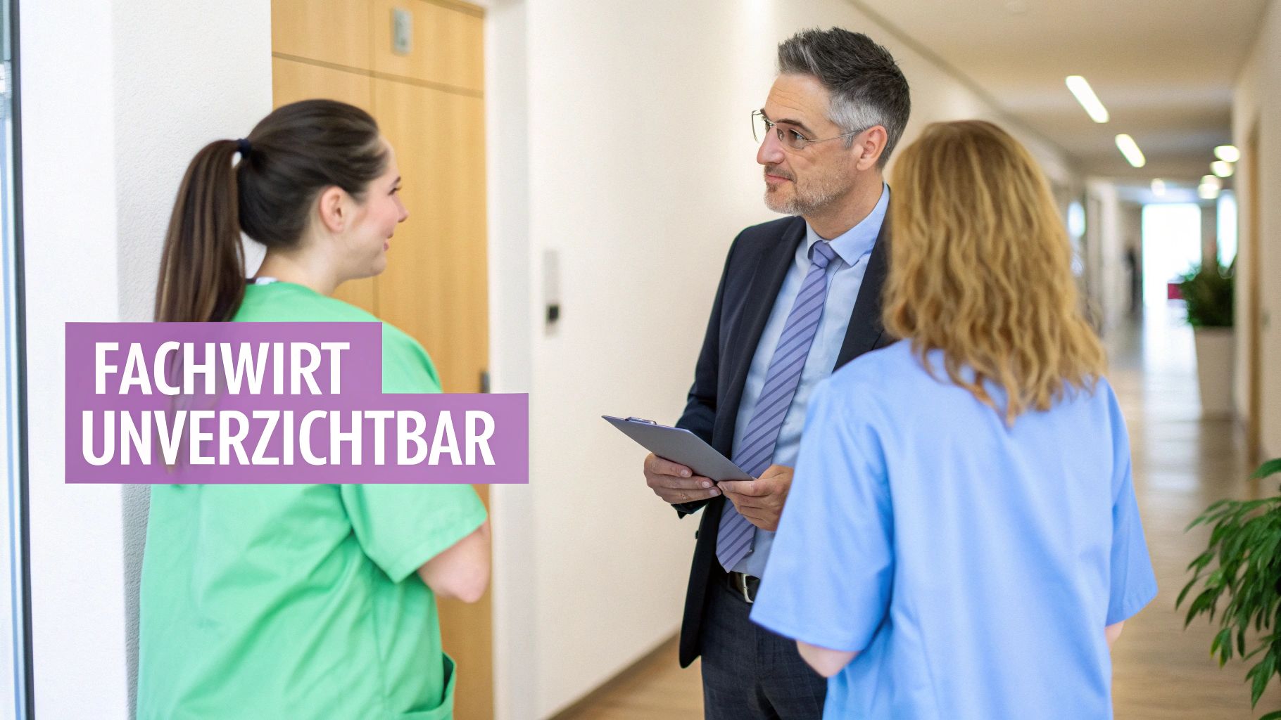 Ein Manager im Anzug spricht mit zwei medizinischen Fachkräften in einem modernen Flur. Text: FACHWIRT UNVERZICHTBAR.