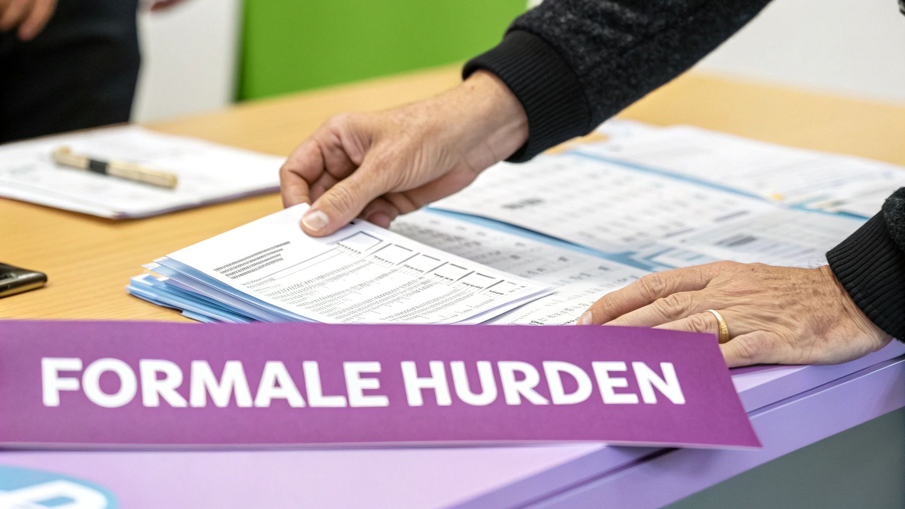 Eine Person blättert Dokumente auf einem Tisch; im Vordergrund ein Schild mit "FORMALE HÜRDEN".