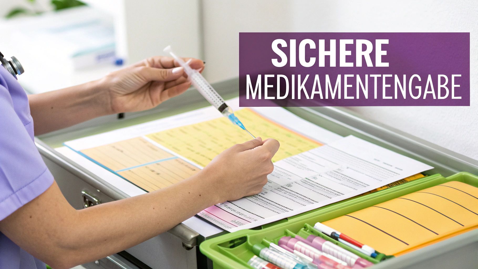 Eine Krankenschwester bereitet auf einem Medikamentenwagen eine Spritze vor, mit dem Text 'SICHERE MEDIKAMENTENGABE'.
