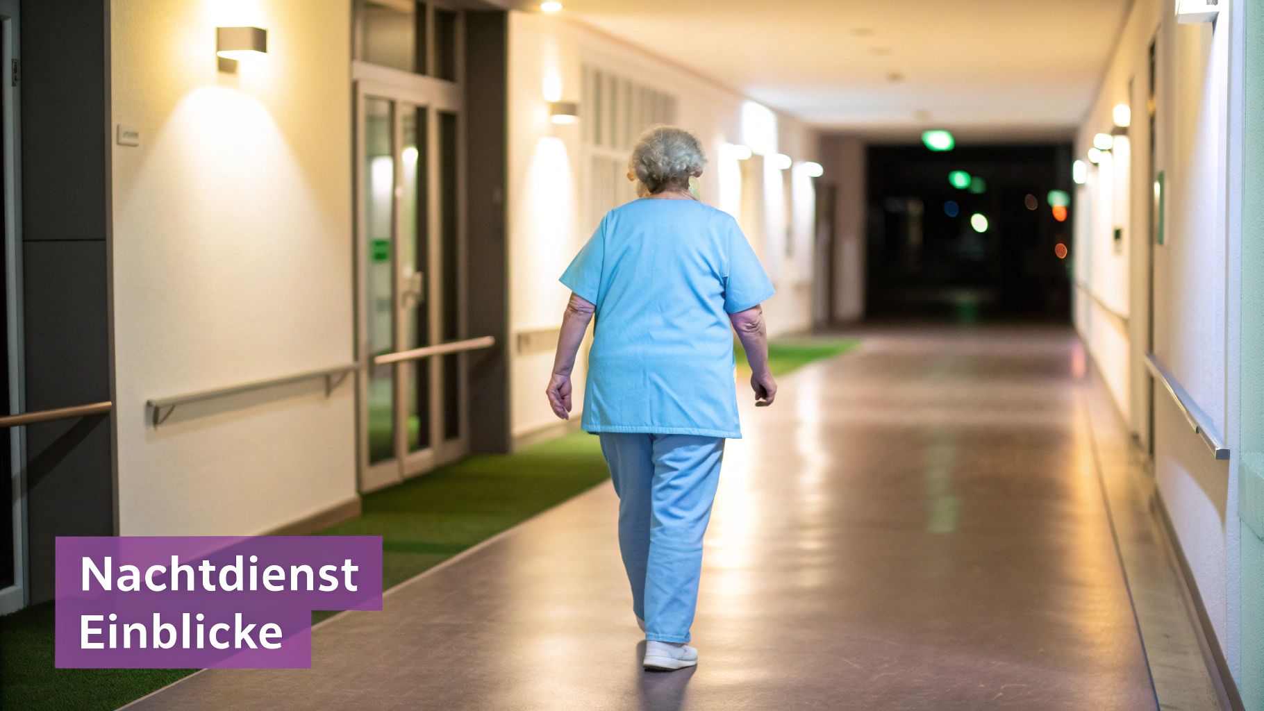 Ältere Pflegekraft im hellblauen Kittel läuft nachts einen beleuchteten Krankenhausflur entlang.
