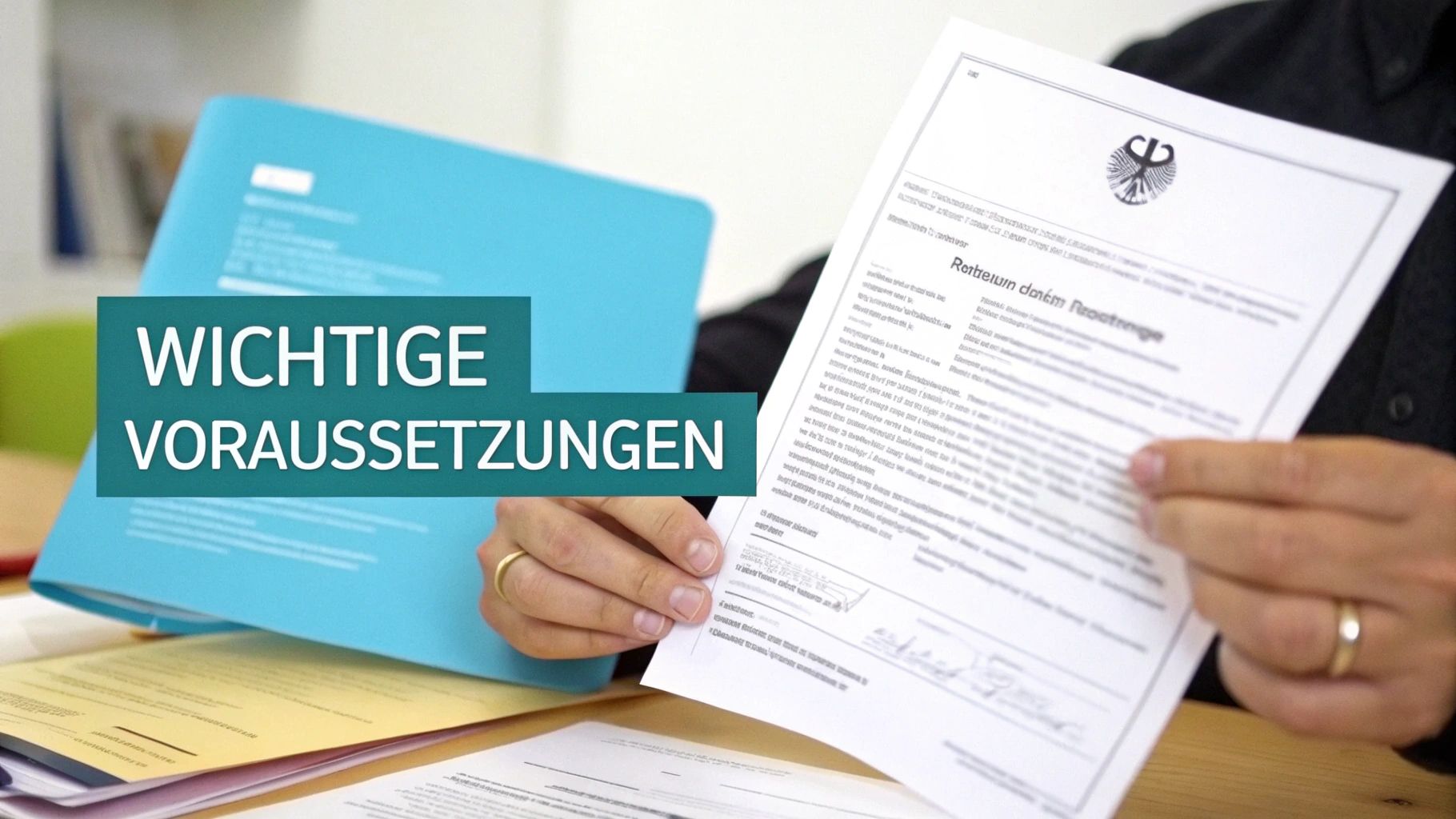 Hände halten ein offizielles deutsches Dokument und eine blaue Mappe mit der Aufschrift 'Wichtige Voraussetzungen'.