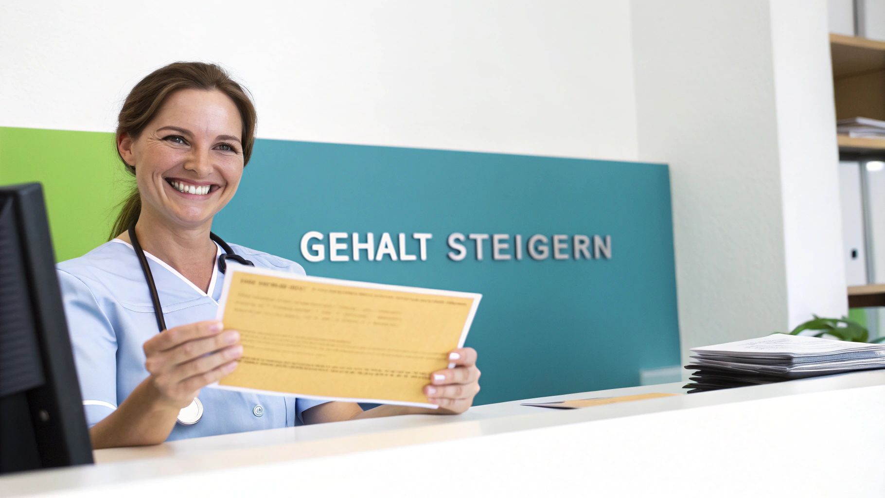 Freundliches medizinisches Personal in blauer Uniform lächelt und hält ein Dokument vor einem Schild mit 'GEHALT STEIGERN'.